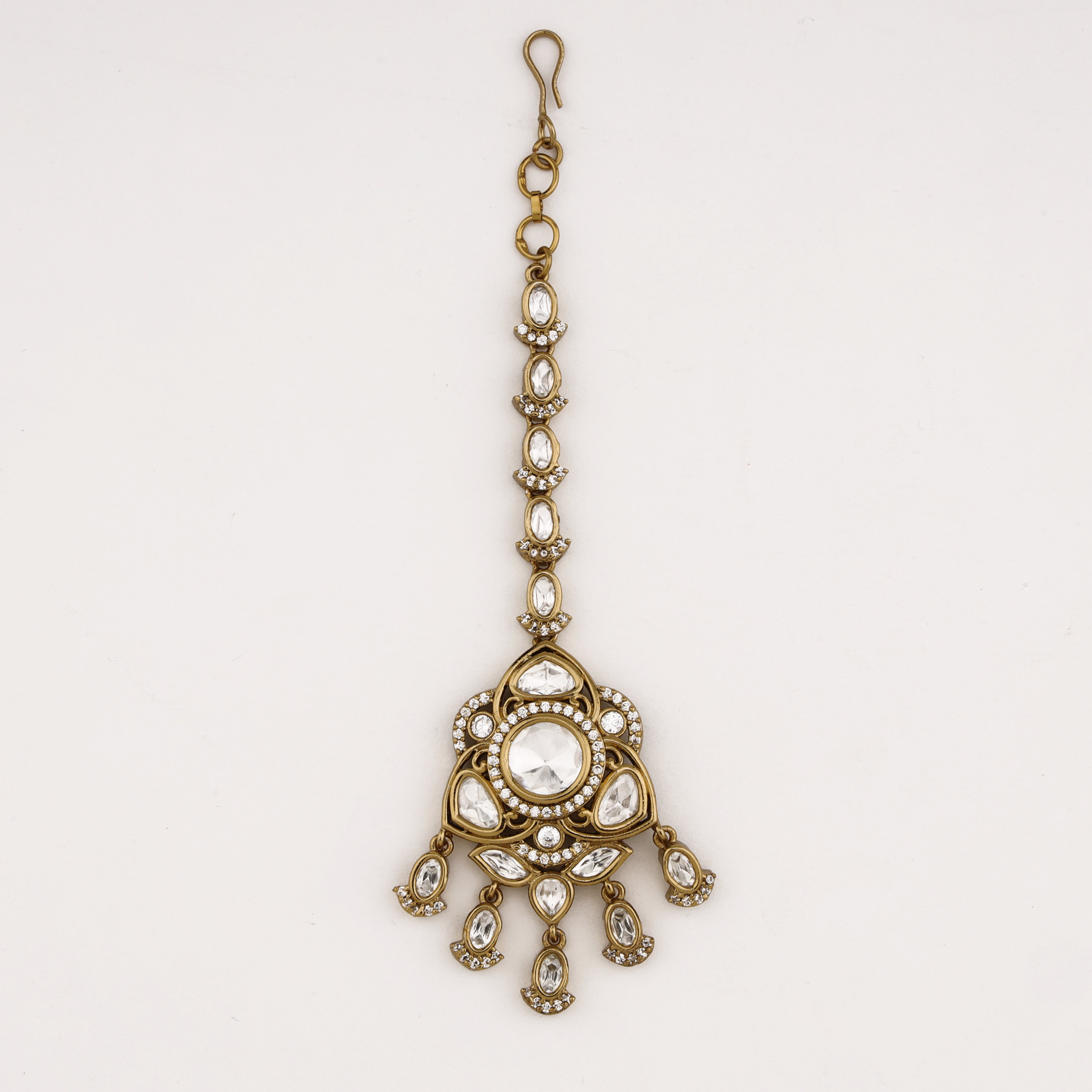 Celestial Diamond Drop Maang Tika with white kundan stones, crystal drops, and antique gold finish by US Catalog