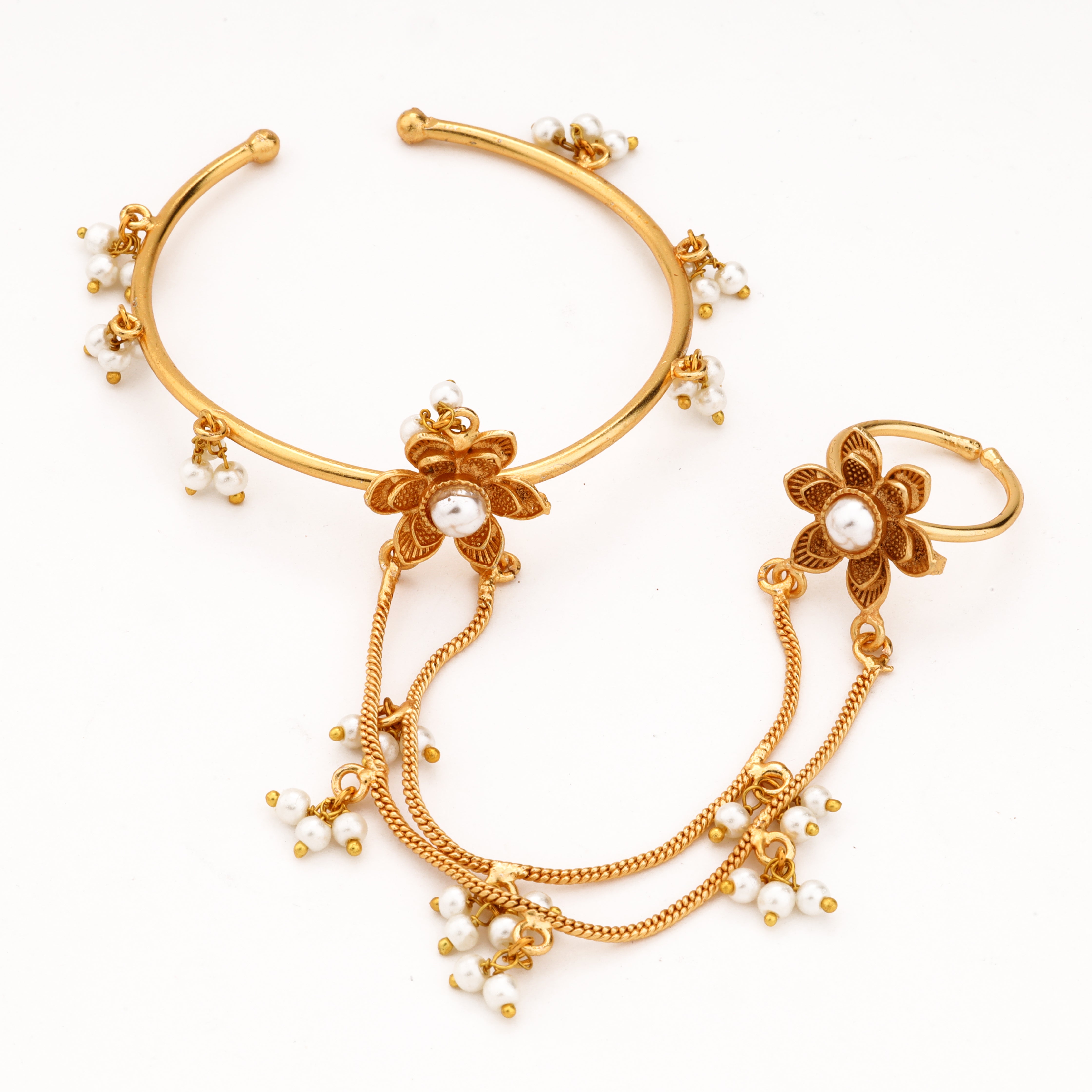 Gold-tone floral pearl chain pocha with open cuff bangle, matching ring and white pearl charms