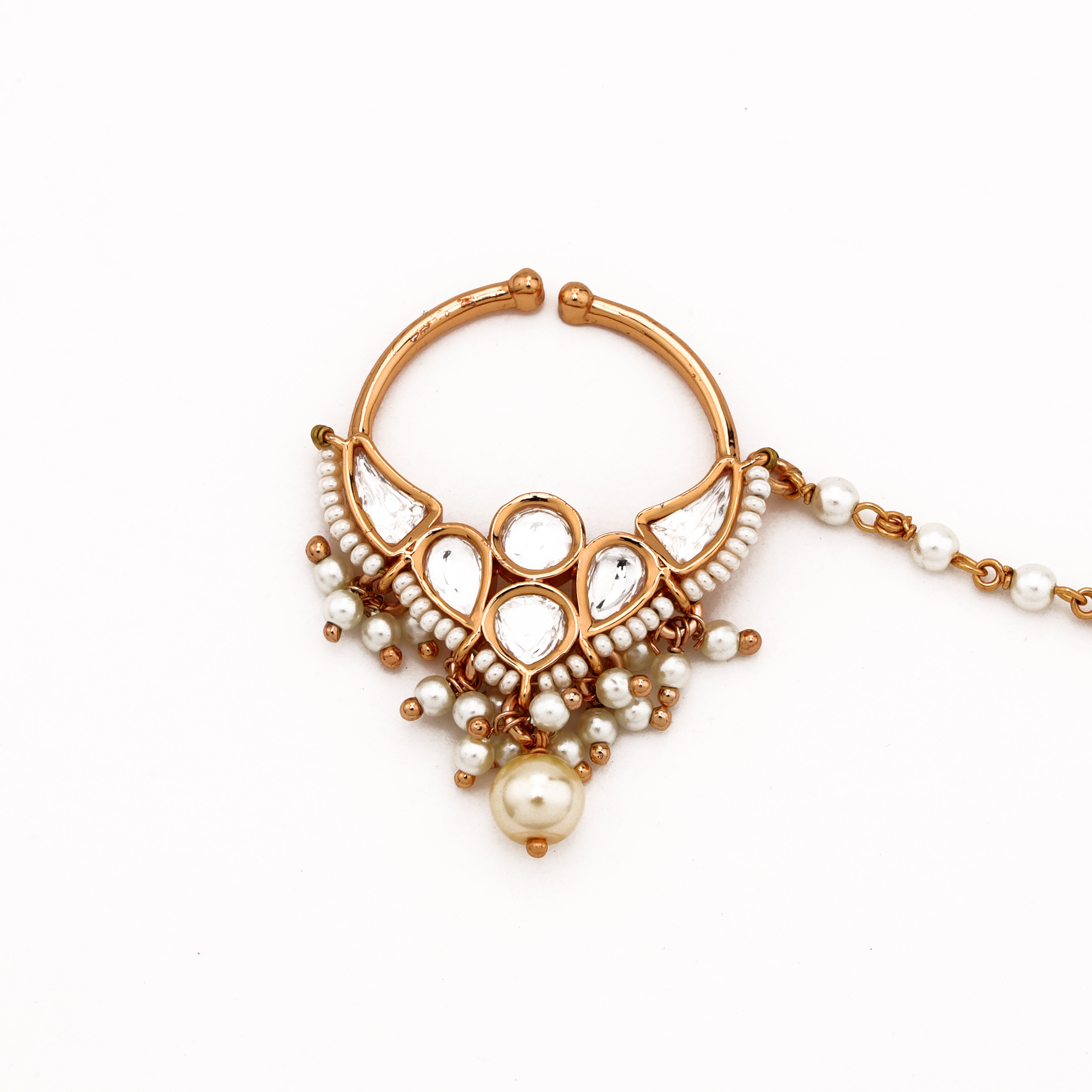 Rose gold Riyara fan motif polki pearl nath with white stones, layered pearl drops and attached beaded chain from US Catalog