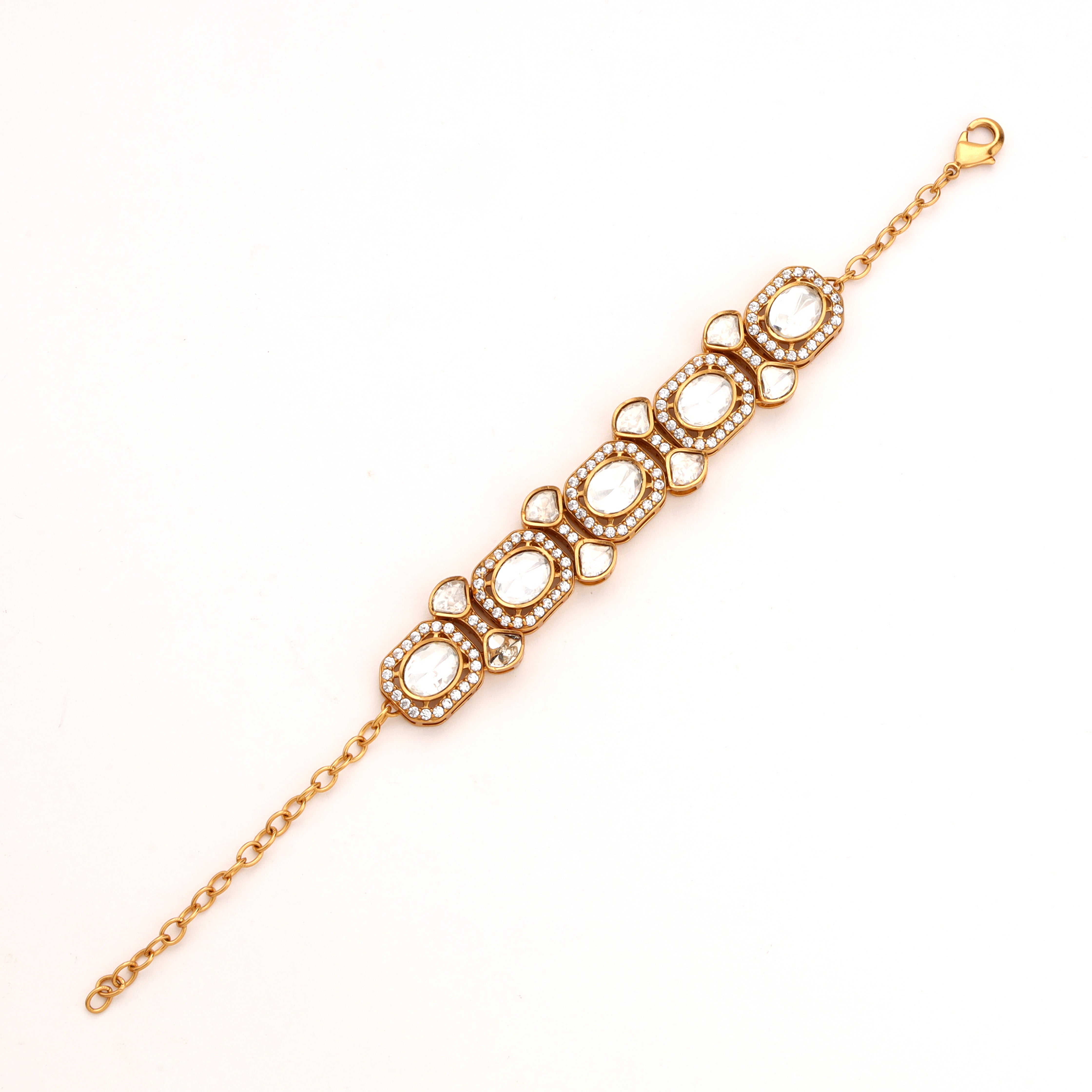 Gold-Plated Polki Kundan Crystal Halo Articulated Traditional Bracelet