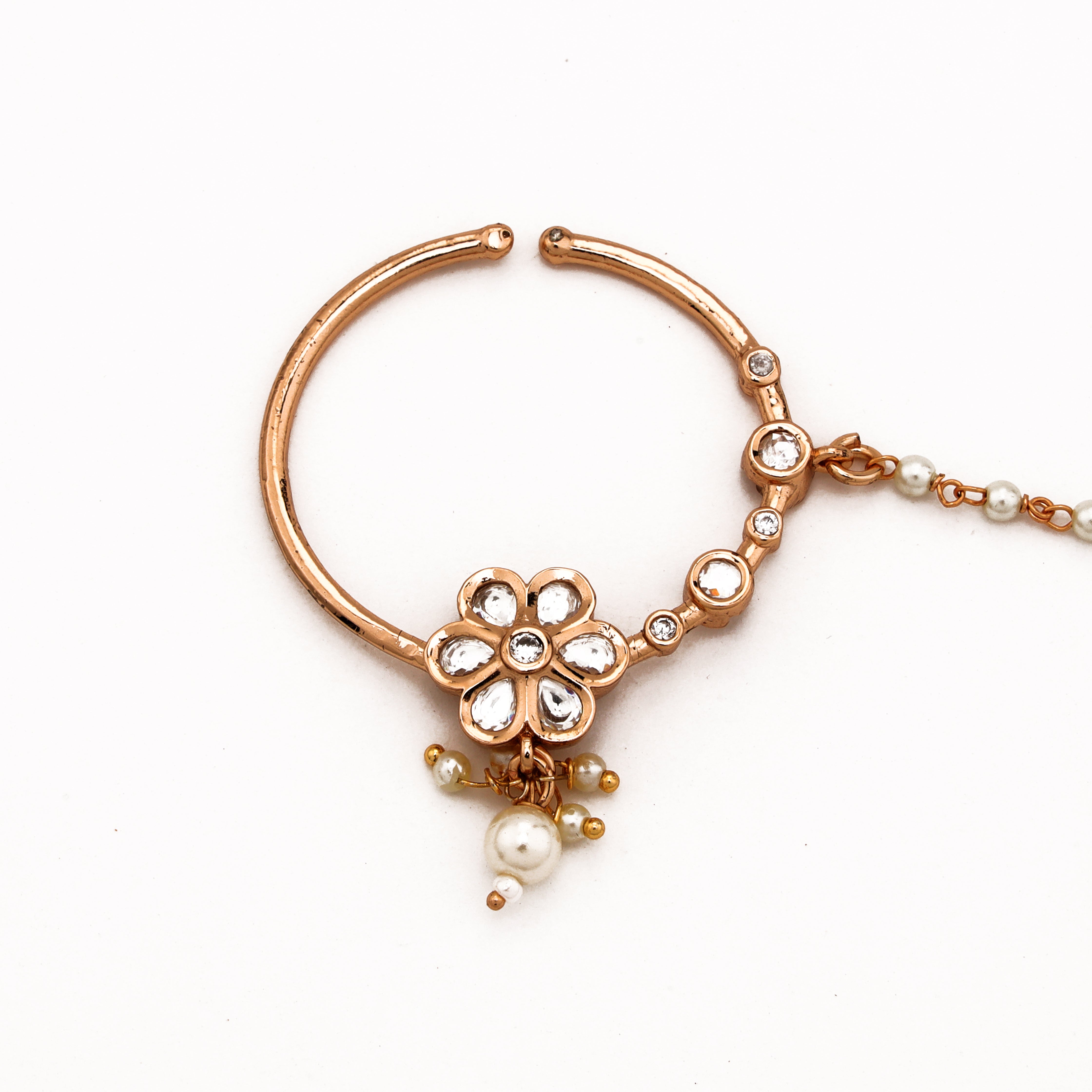 Rose gold Elira floral crystal pearl nath with white stones, pearl drop and attached beaded chain from US Catalog