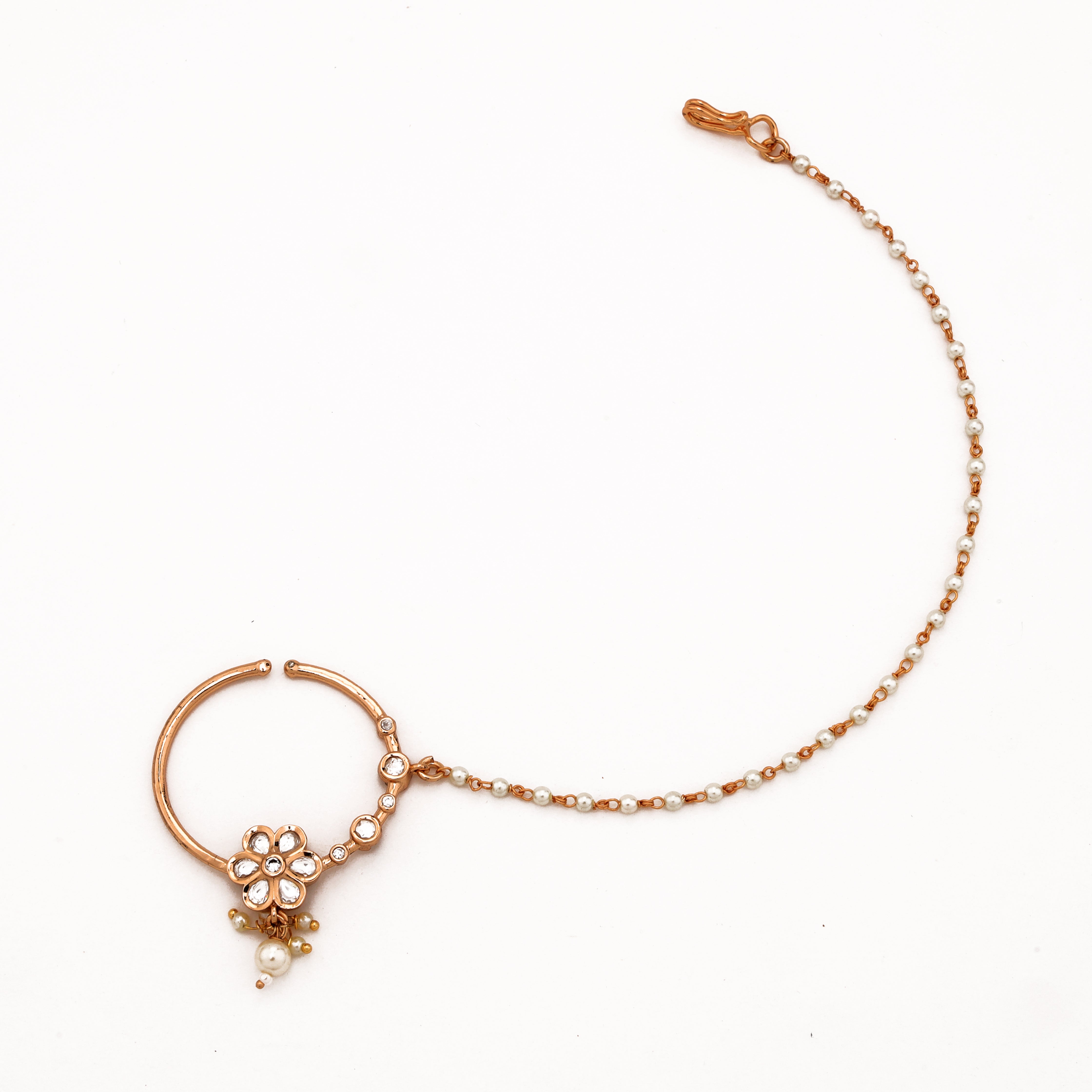 Rose gold Elira floral crystal pearl nath with white stones, pearl drop and attached beaded chain from US Catalog