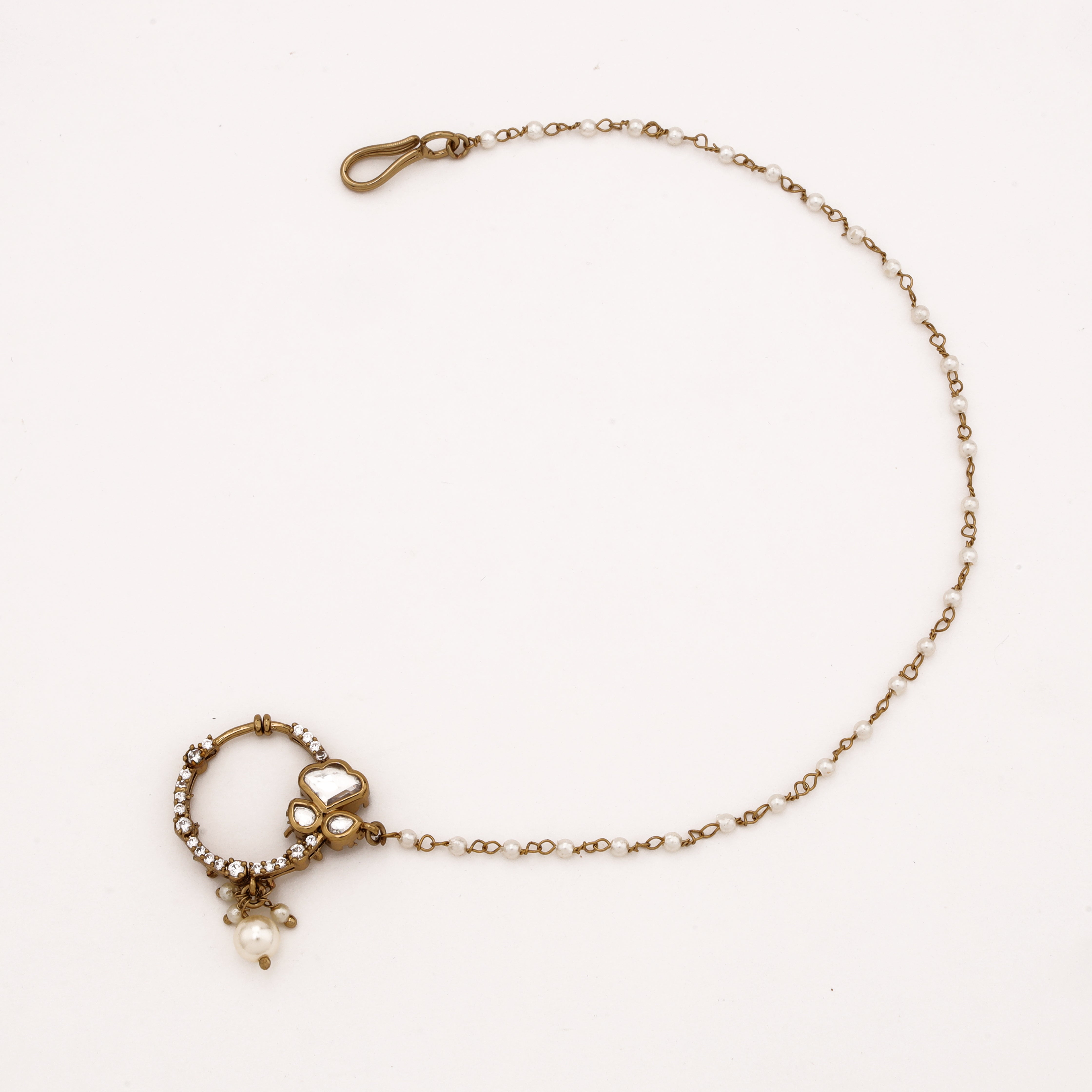 Antique gold Aadhira crest polki pearl nath with white stones, crystal hoop, pearl drop and attached beaded chain from US Catalog