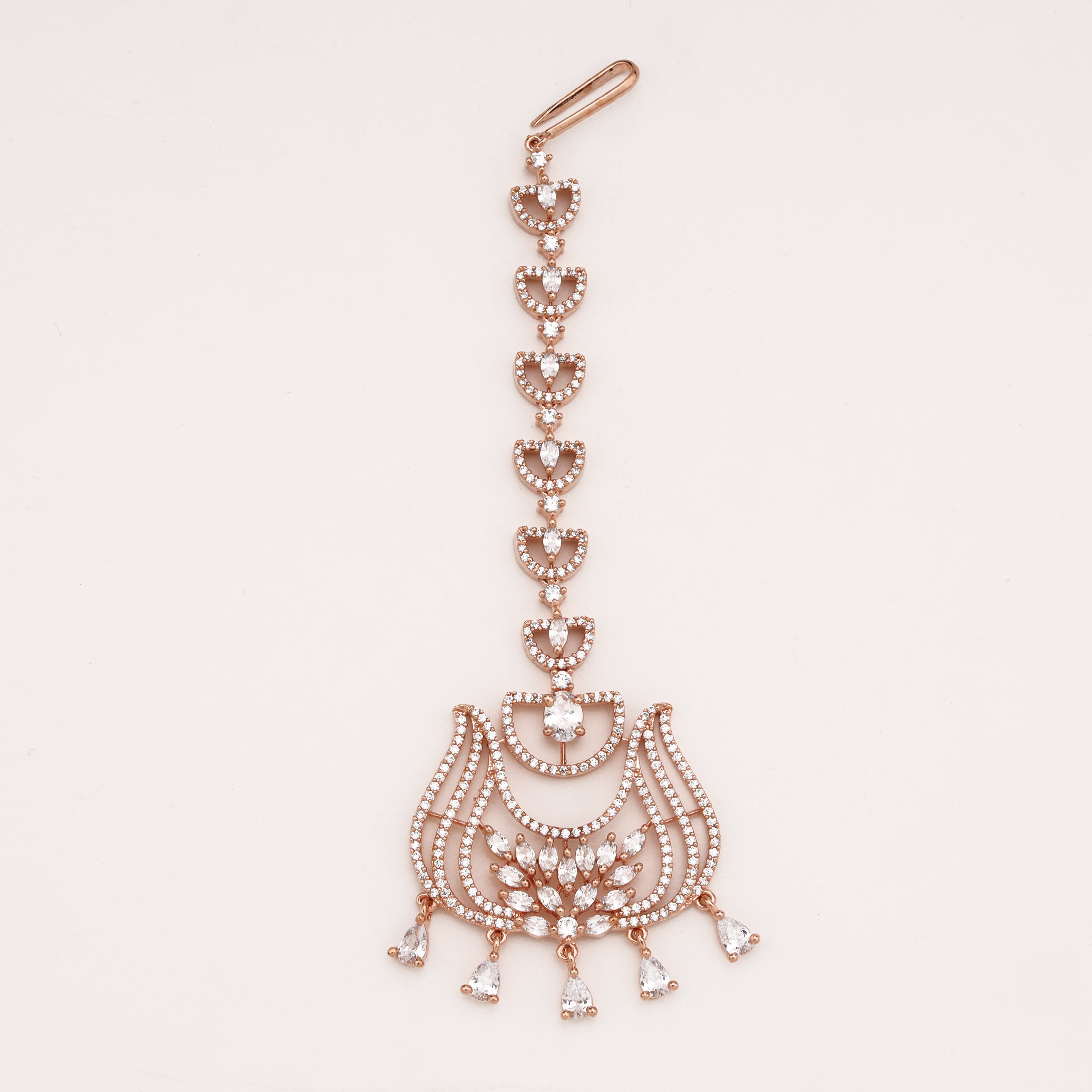 Rose Gold Heart Chain American Diamond Lotus Chand Maang Tikka