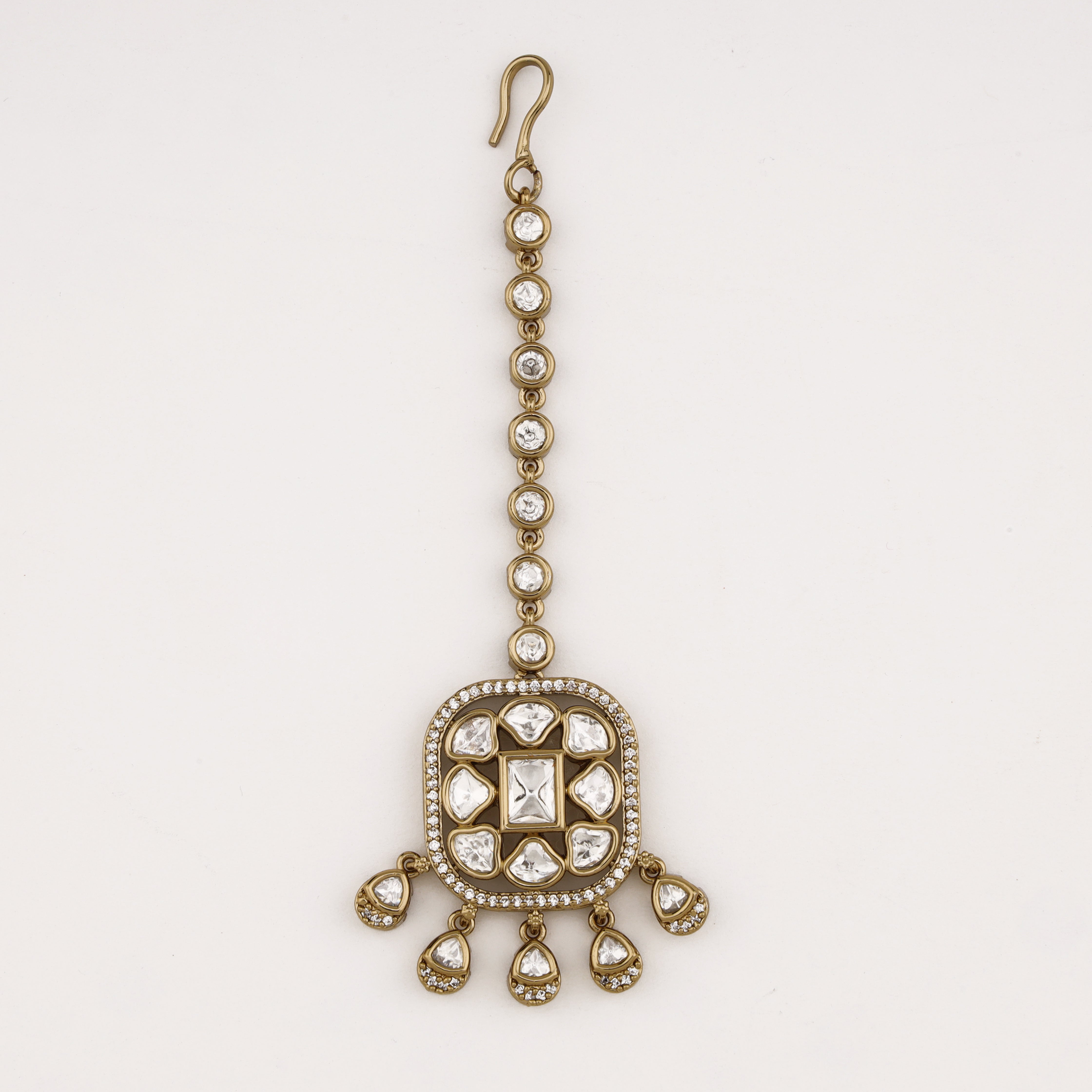 Diamond Square Halo Maang Tika with white kundan stones, square centerpiece, and crystal drop charms in antique gold finish by US Catalog