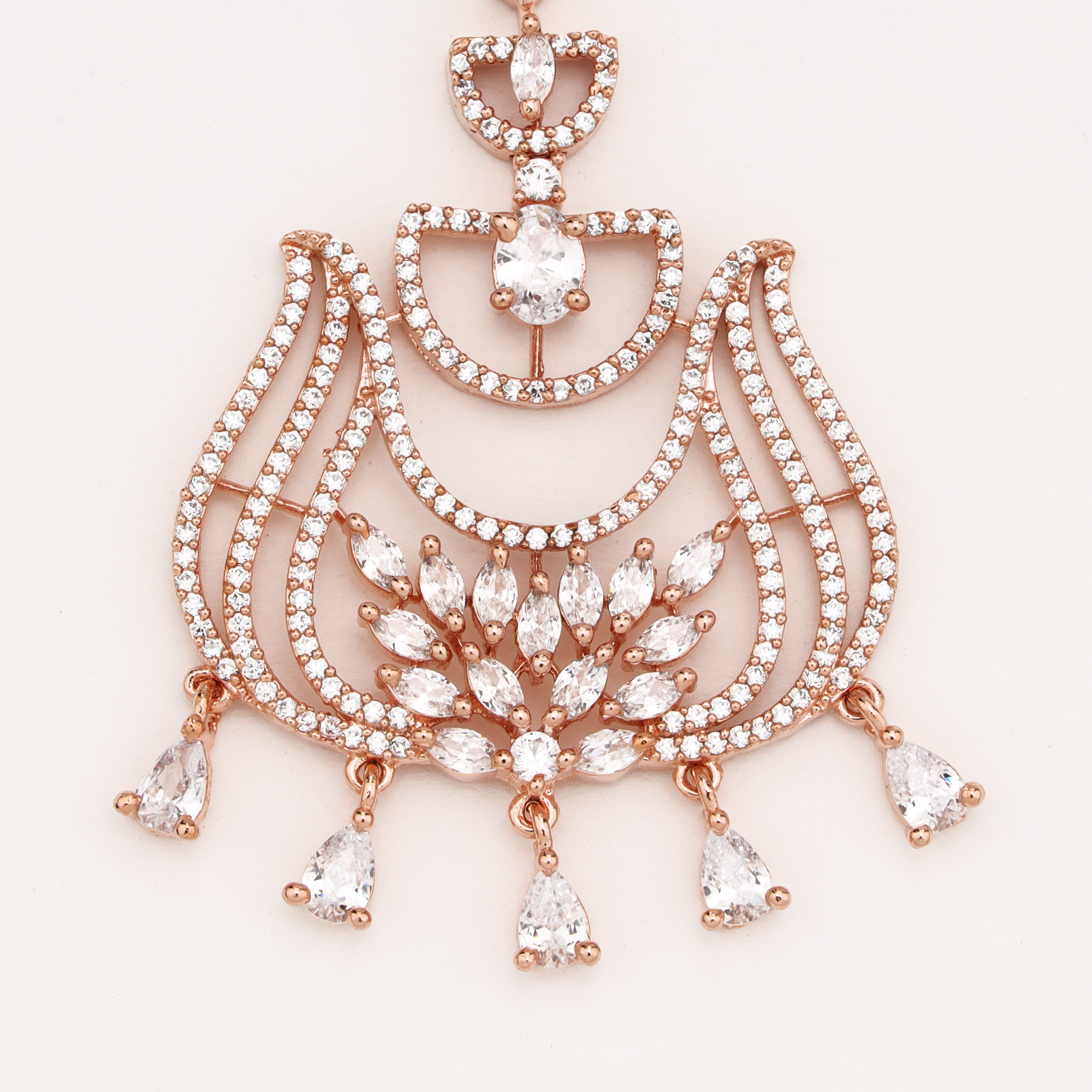 Rose Gold Heart Chain American Diamond Lotus Chand Maang Tikka