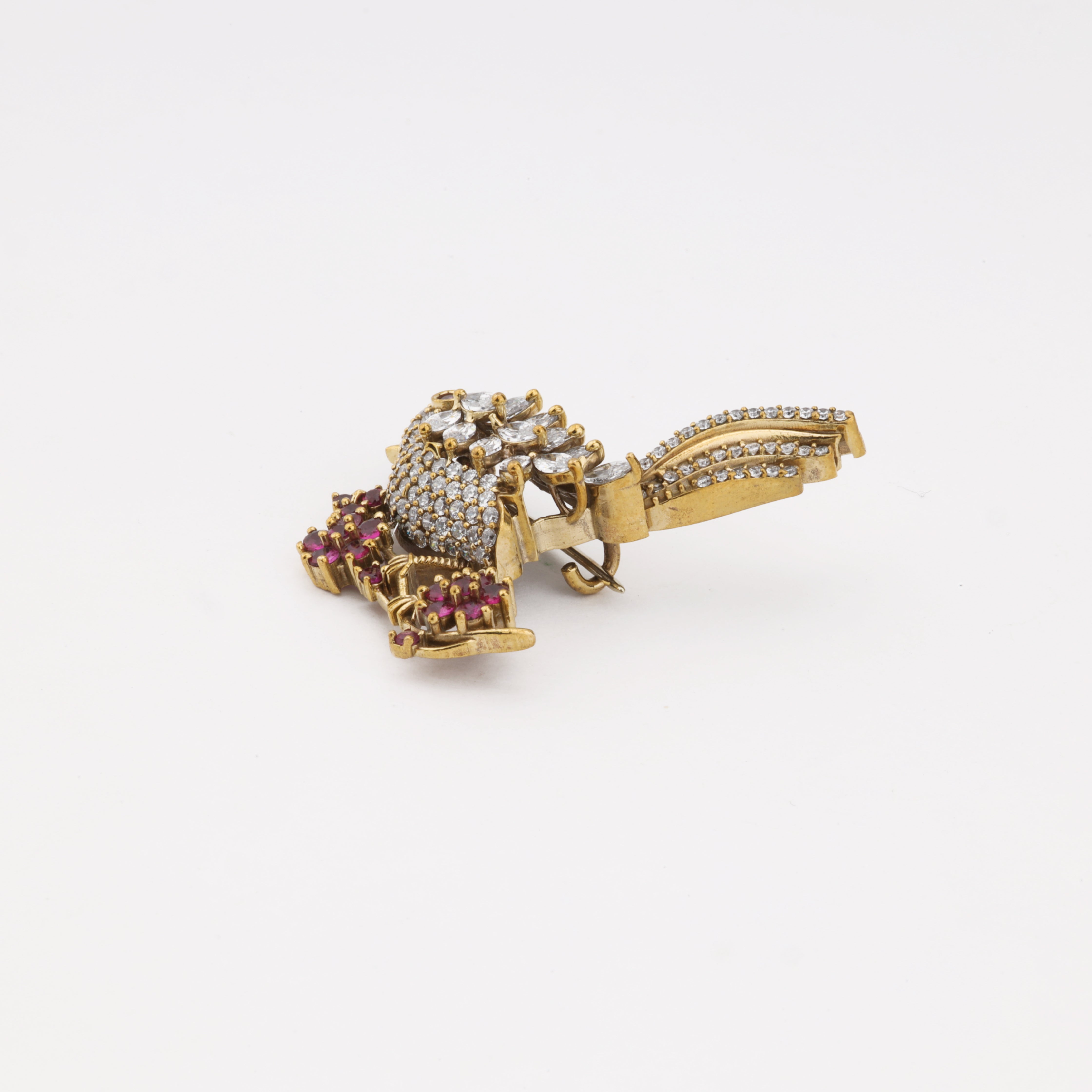 Elegant Crystal Bird Floral Brooch with Pink Stone Accents
