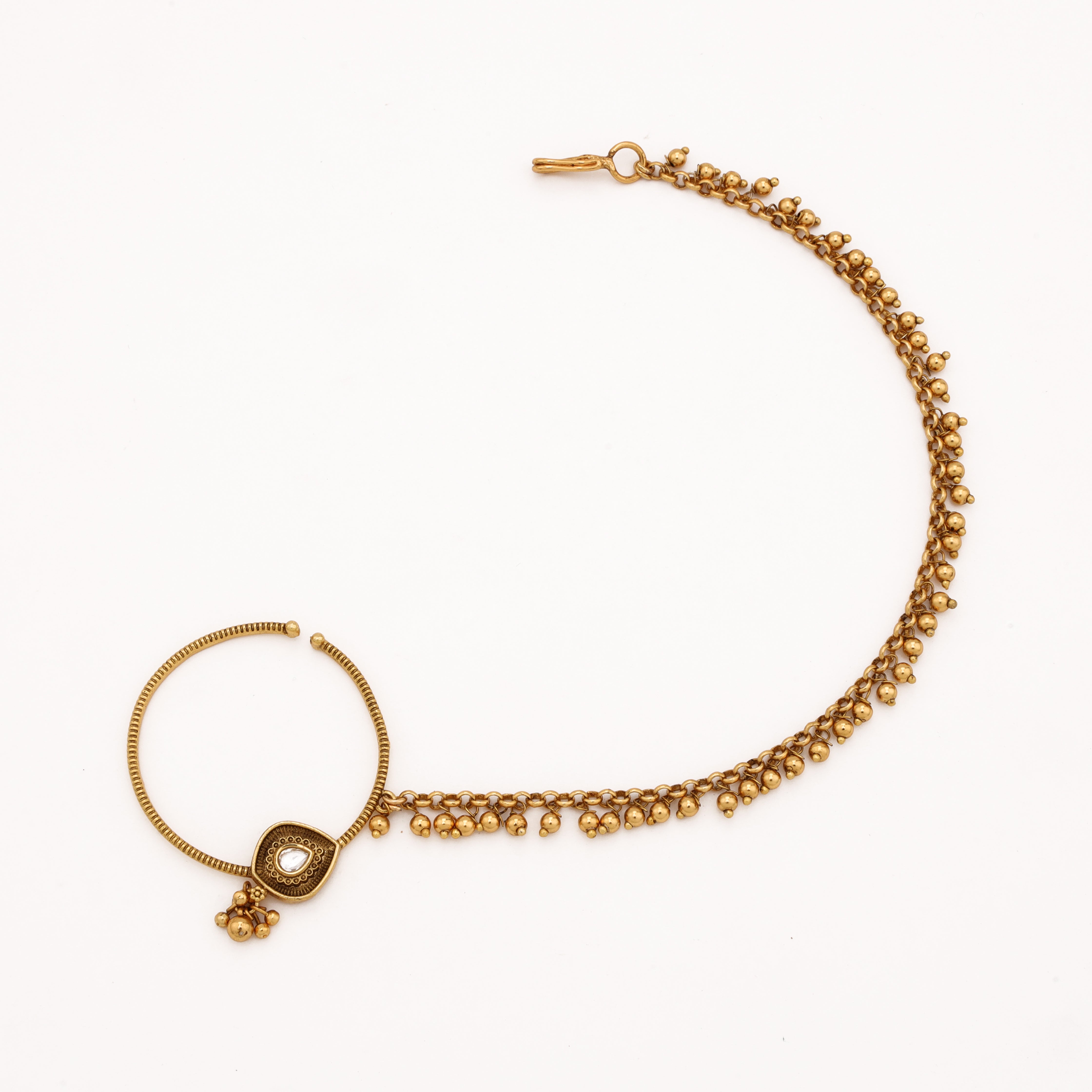 Antique gold Nayara medallion ghungroo nath with teardrop white stone, textured hoop and double-layer charm chain from US Catalog