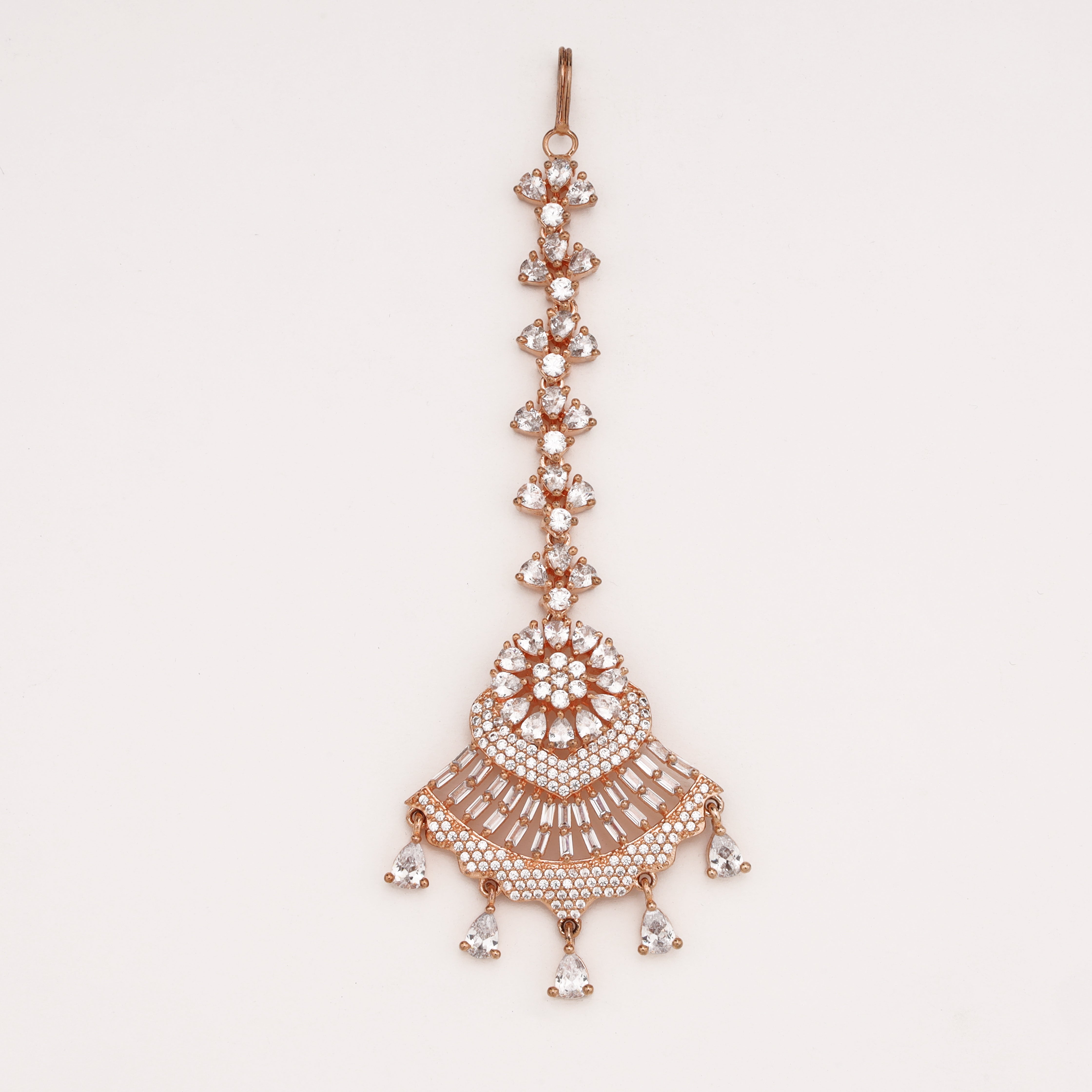 Rose Gold Floral Fan American Diamond Maang Tikka with Pear Drops