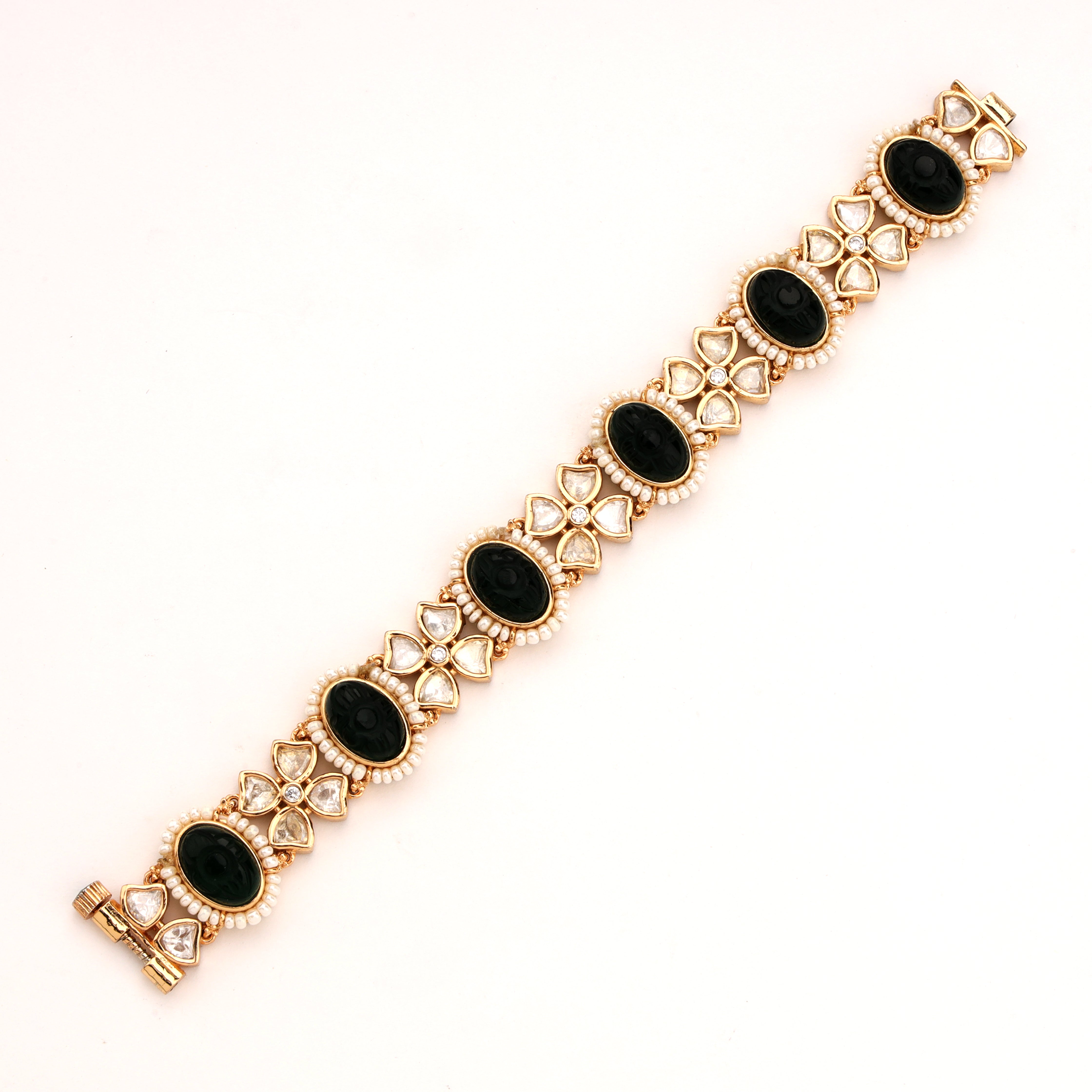 Pearl Beaded Regal Kundan Cabochon Openable Traditional Bracelet