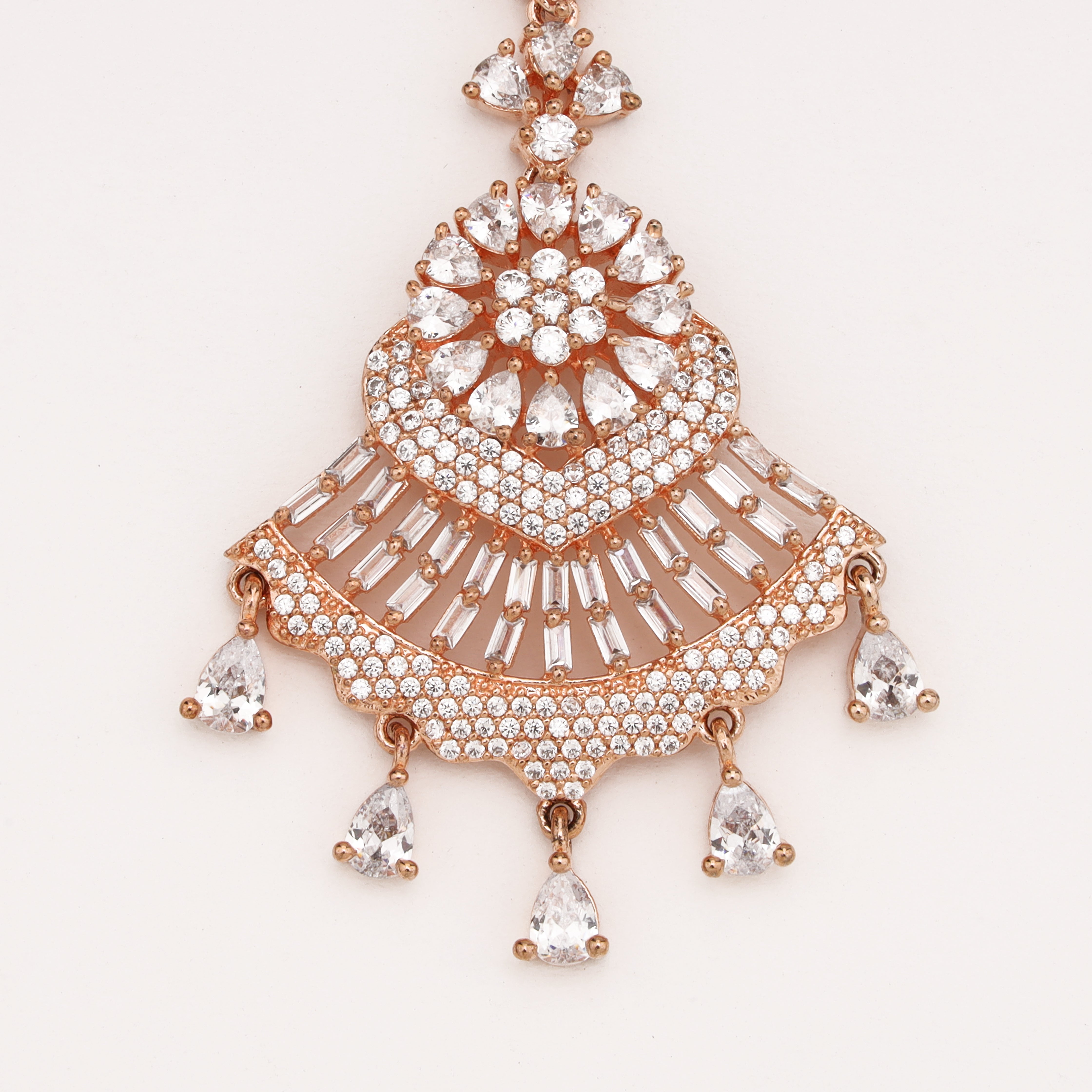 Rose Gold Floral Fan American Diamond Maang Tikka with Pear Drops