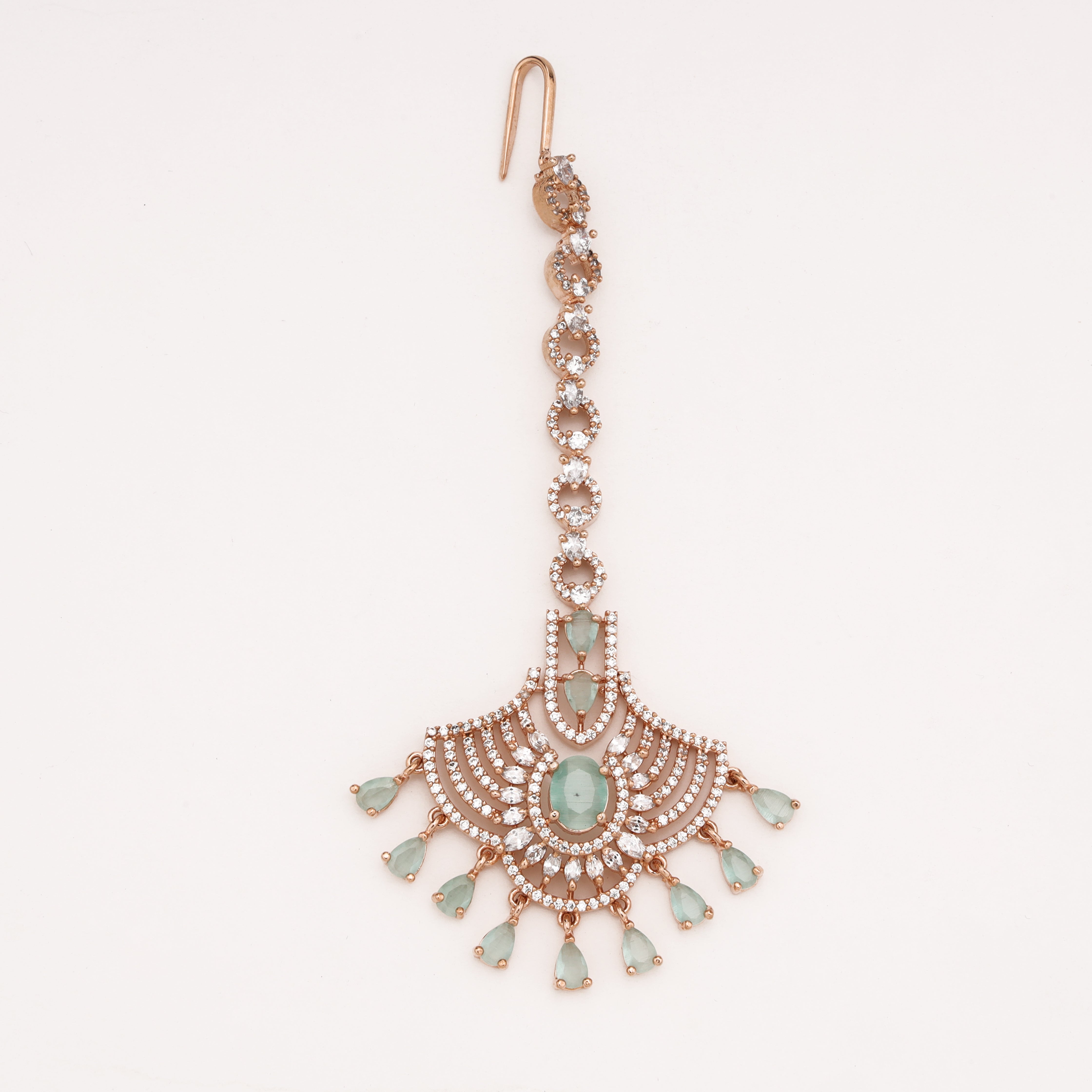 Rose Gold Mint Green Stone American Diamond Fan Maang Tikka with Hanging Drops