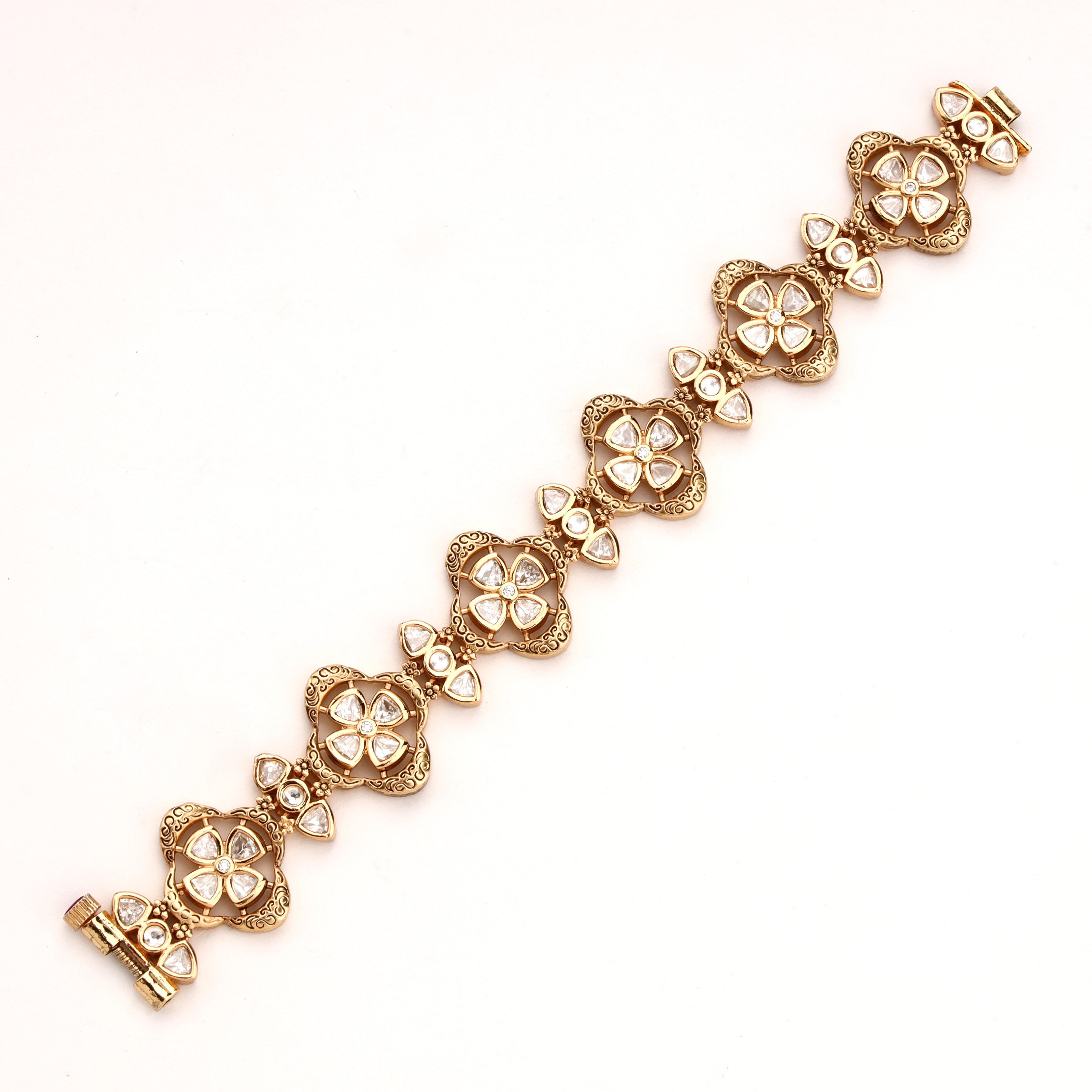 Antique Gold Finish Floral Kundan Openable Kada Bracelet