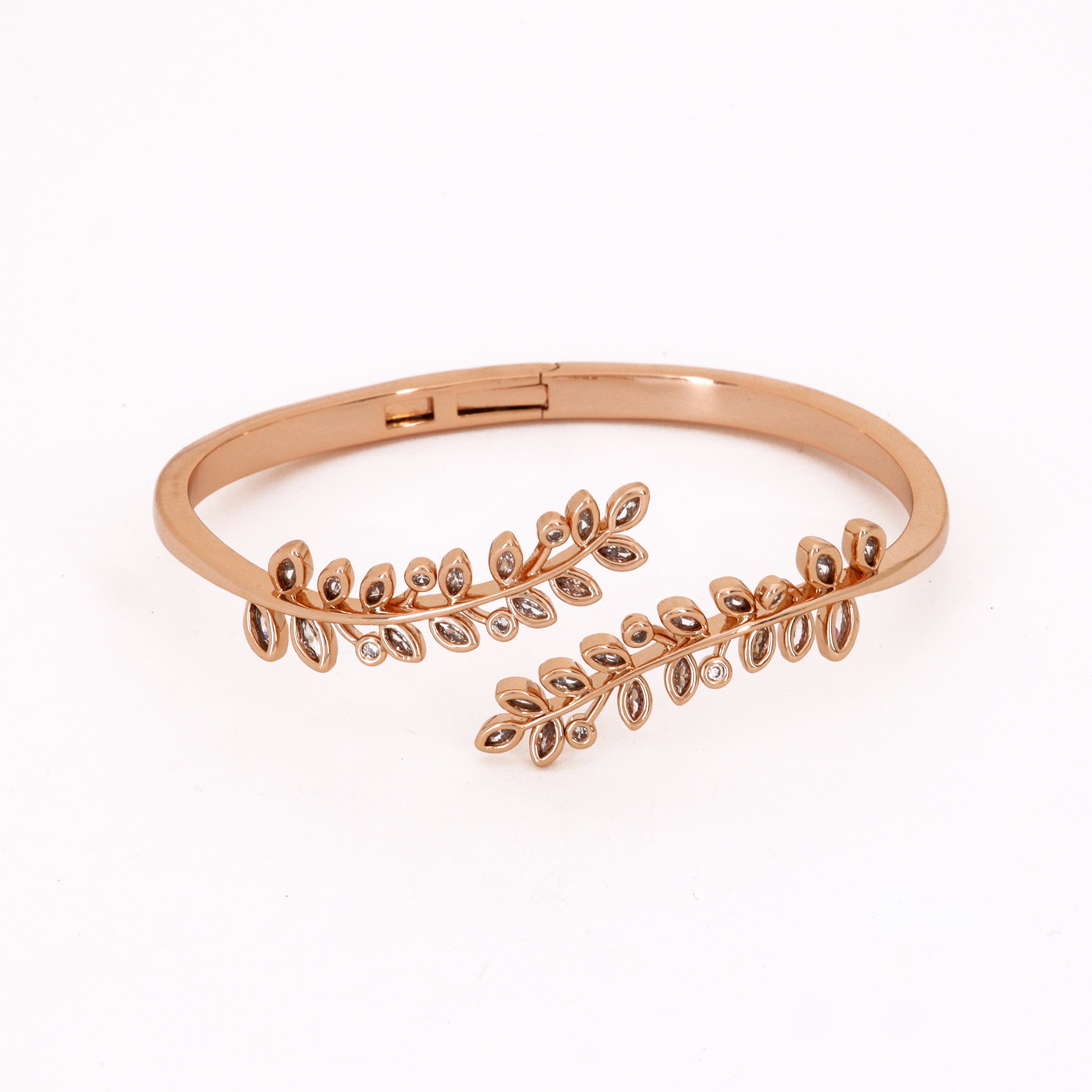 Rose Gold Tone Leaf Vine Bypass Bracelet featuring a romantic overlapping design with two detailed botanical branch motifs on a white background