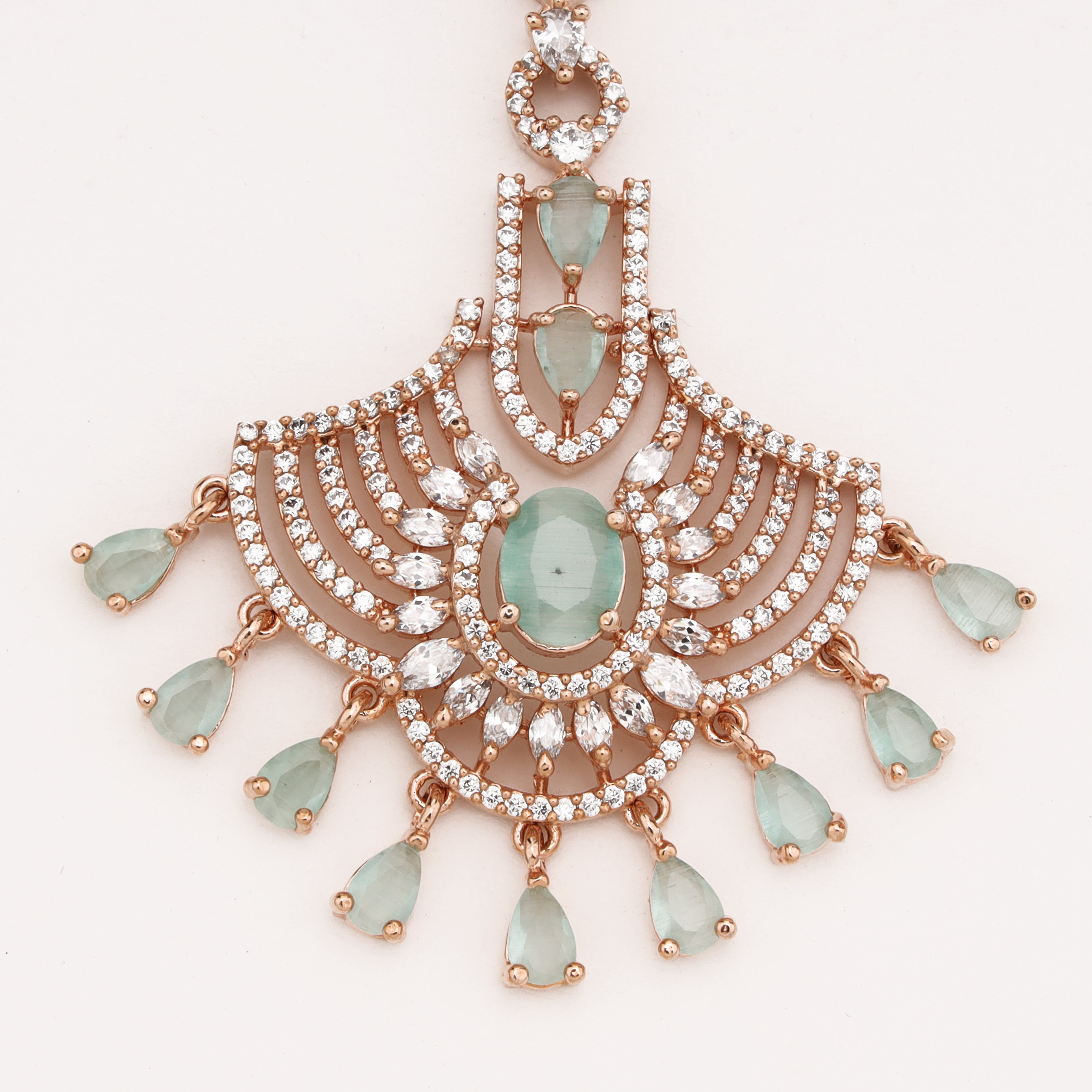 Rose Gold Mint Green Stone American Diamond Fan Maang Tikka with Hanging Drops