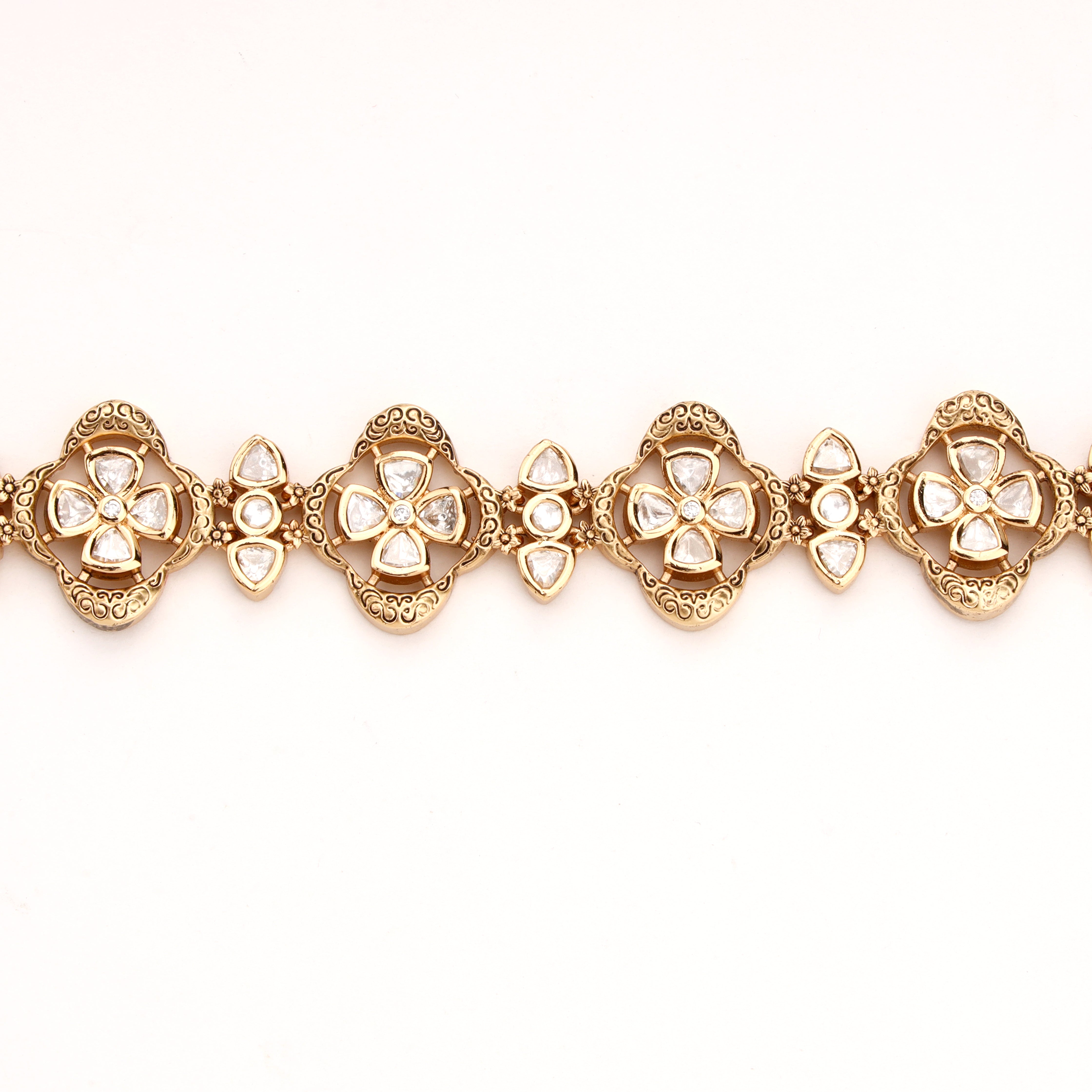 Antique Gold Finish Floral Kundan Openable Kada Bracelet