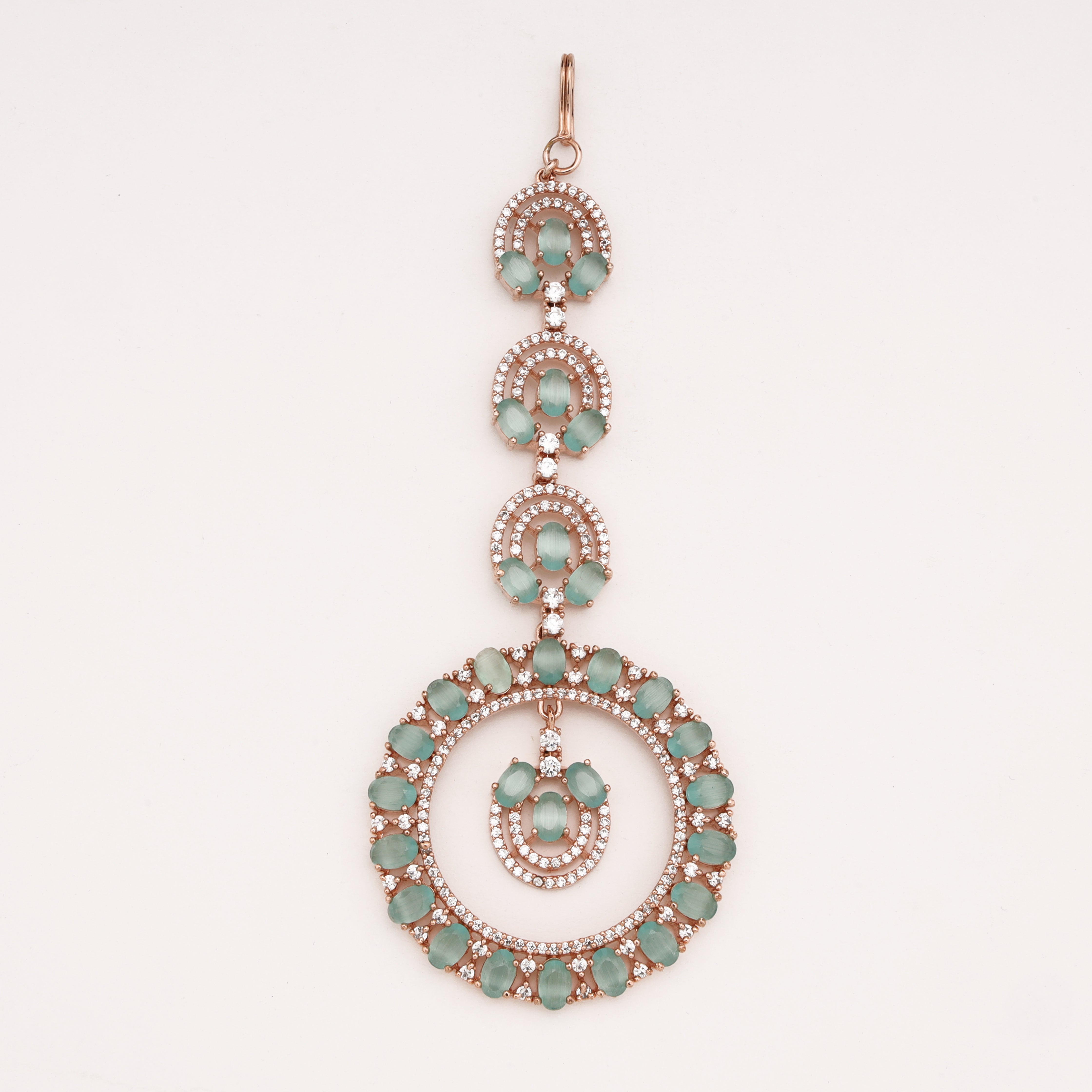 Rose Gold Mint Green Stone American Diamond Circular Halo Maang Tikka