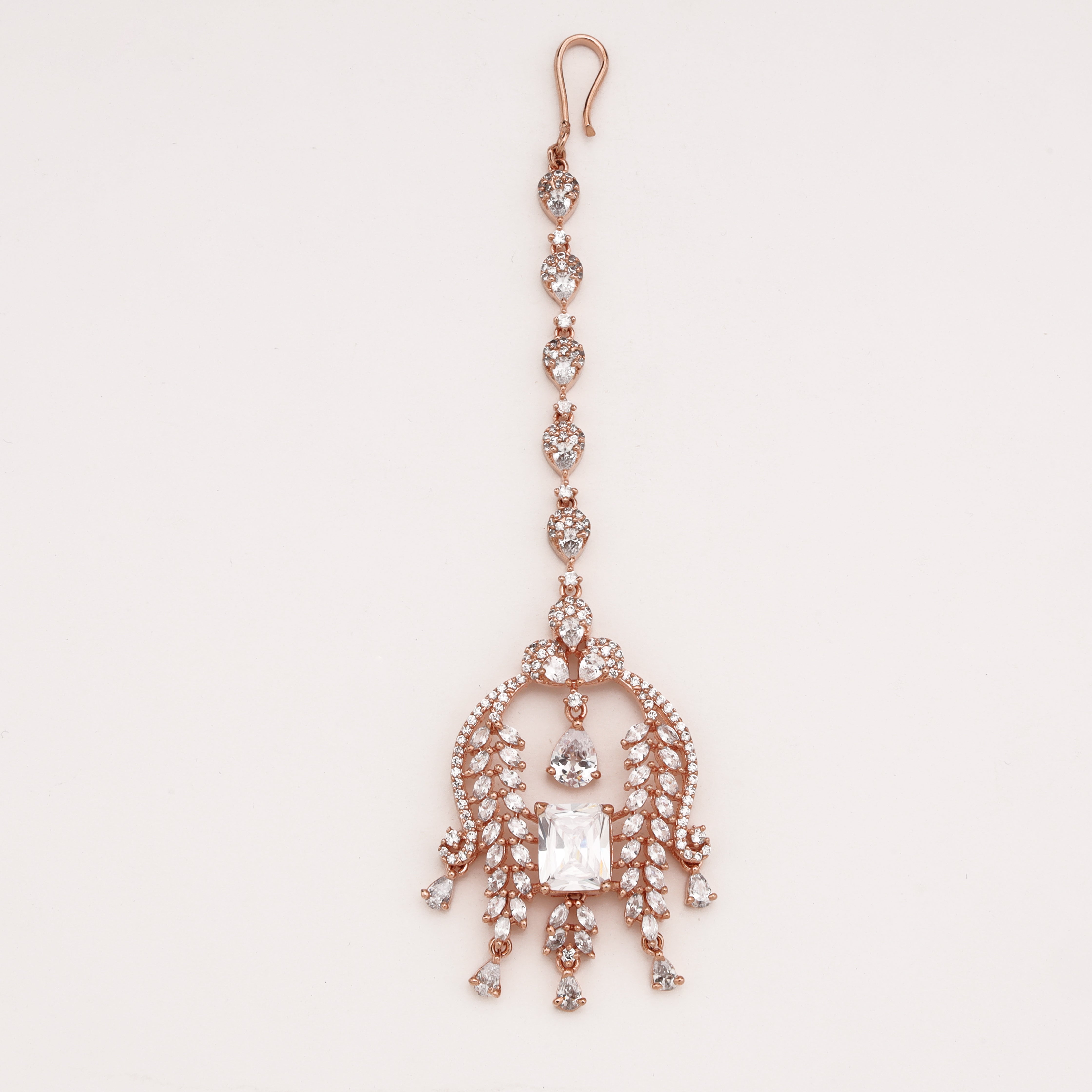 Rose Gold Big Stone Leaf American Diamond Maang Tikka