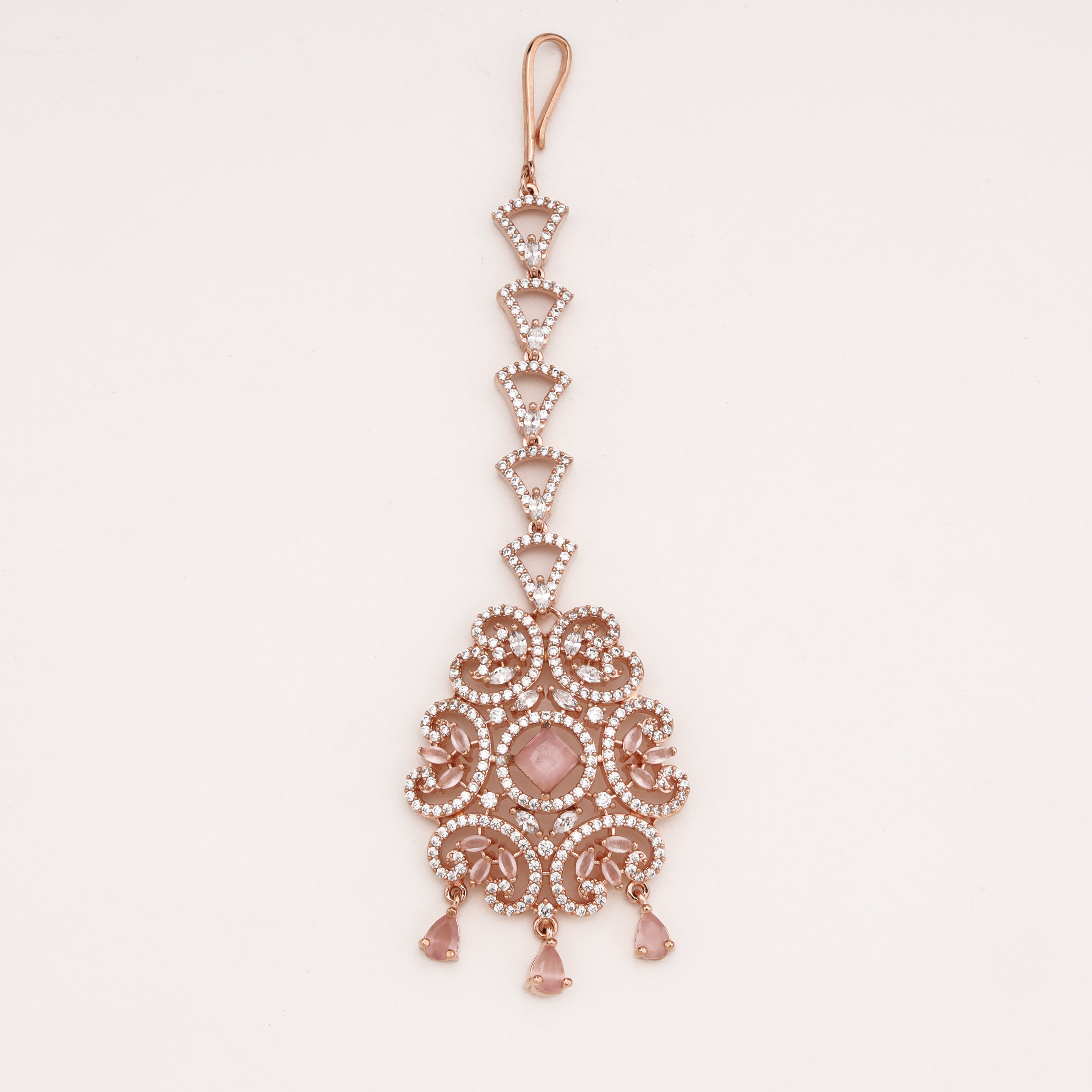 Rose Gold Peach Stone Jaali American Diamond Maang Tikka