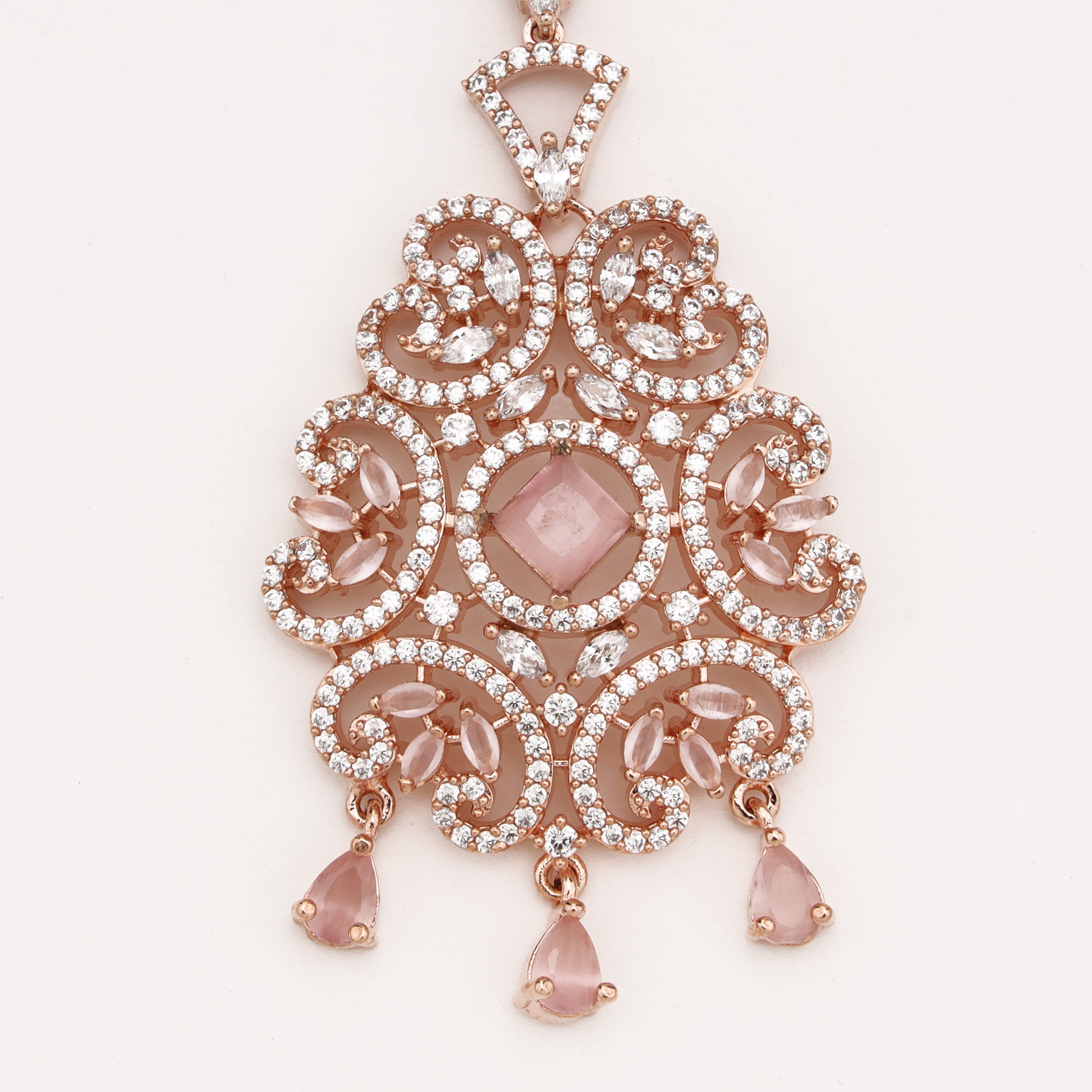 Rose Gold Peach Stone Jaali American Diamond Maang Tikka