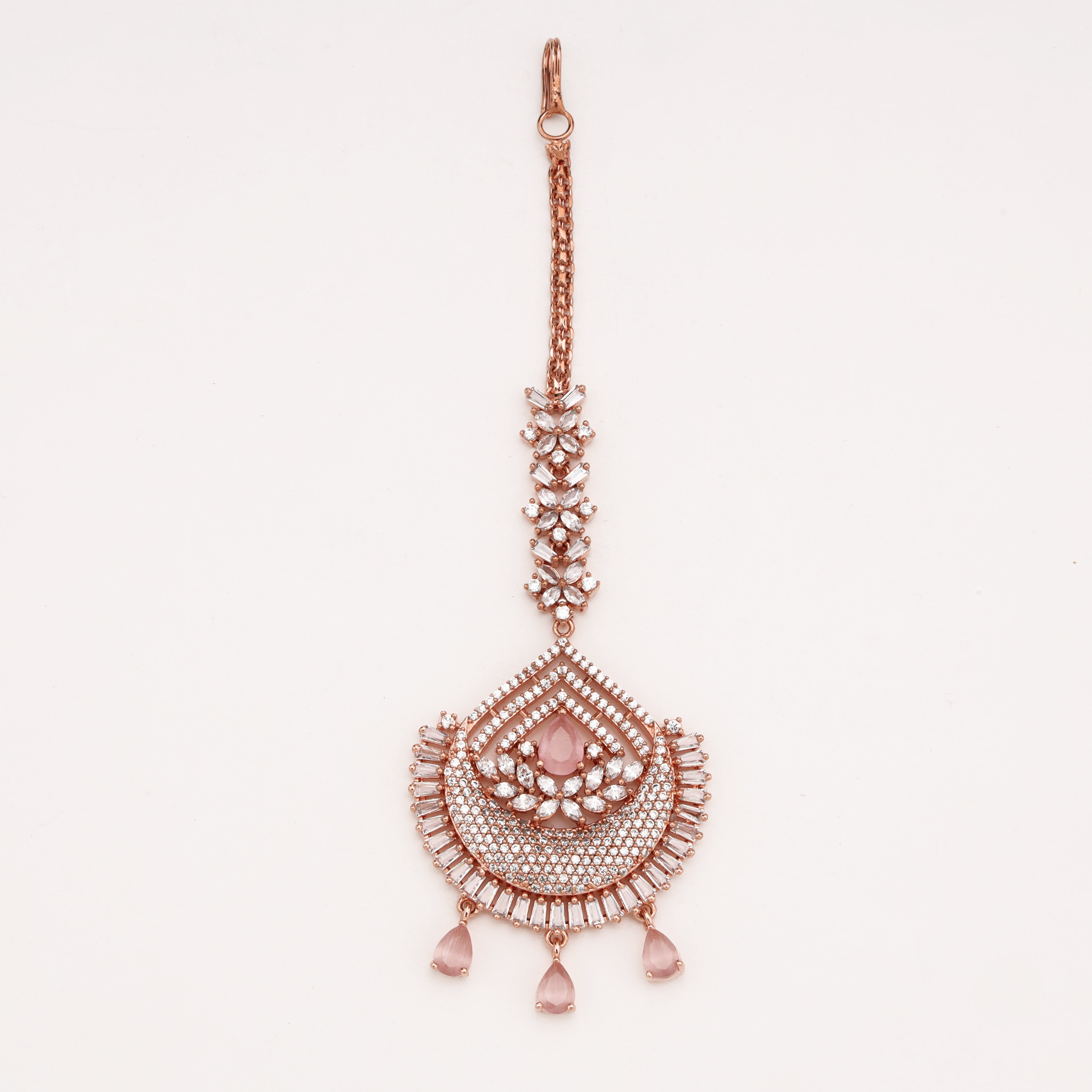 Rose Gold Peach Stone American Diamond Sunburst Chand Maang Tikka