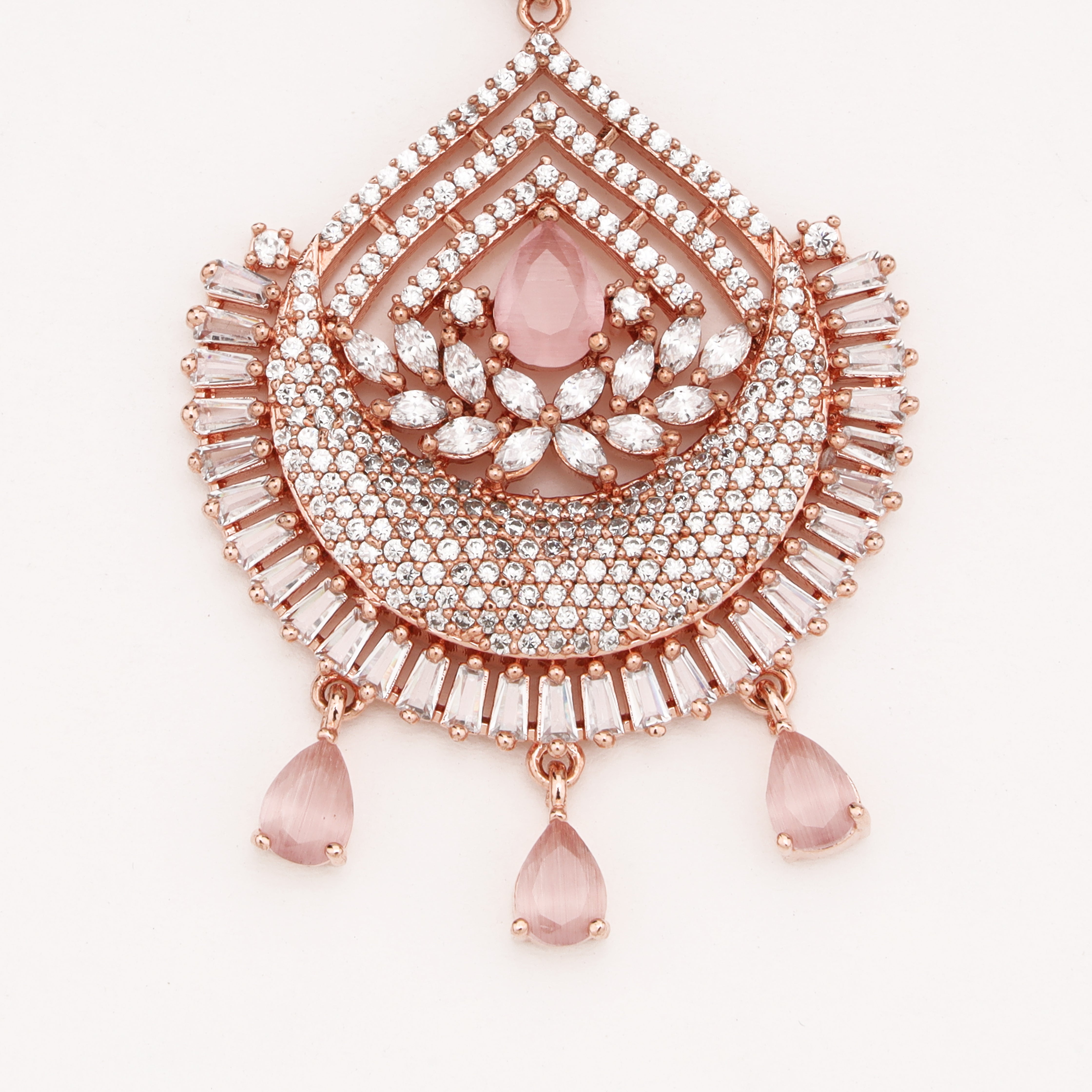 Rose Gold Peach Stone American Diamond Sunburst Chand Maang Tikka