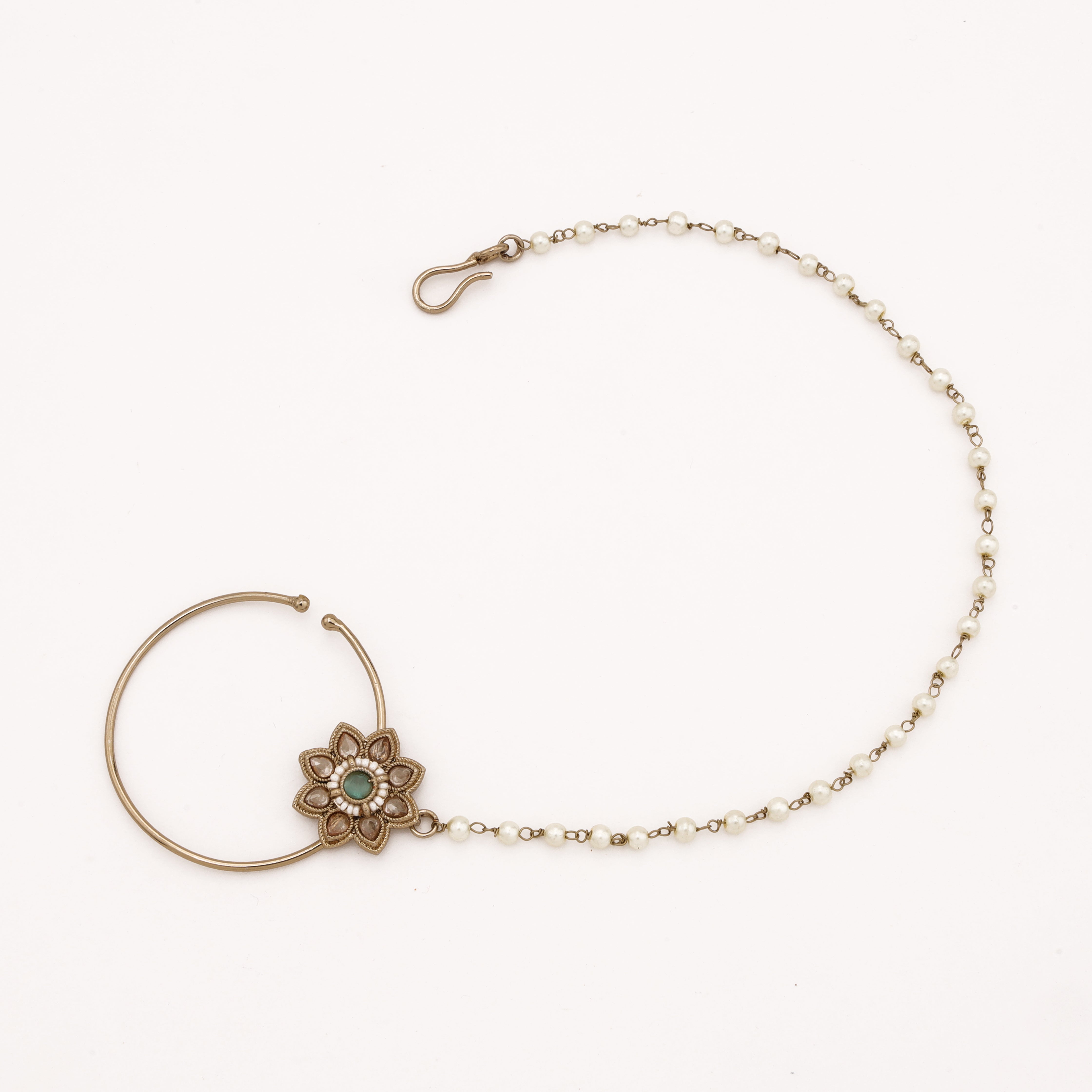 Antique gold Nayeli emerald lotus polki nath with green centre stone, teardrop accents and pearl-beaded chain from US Catalog
