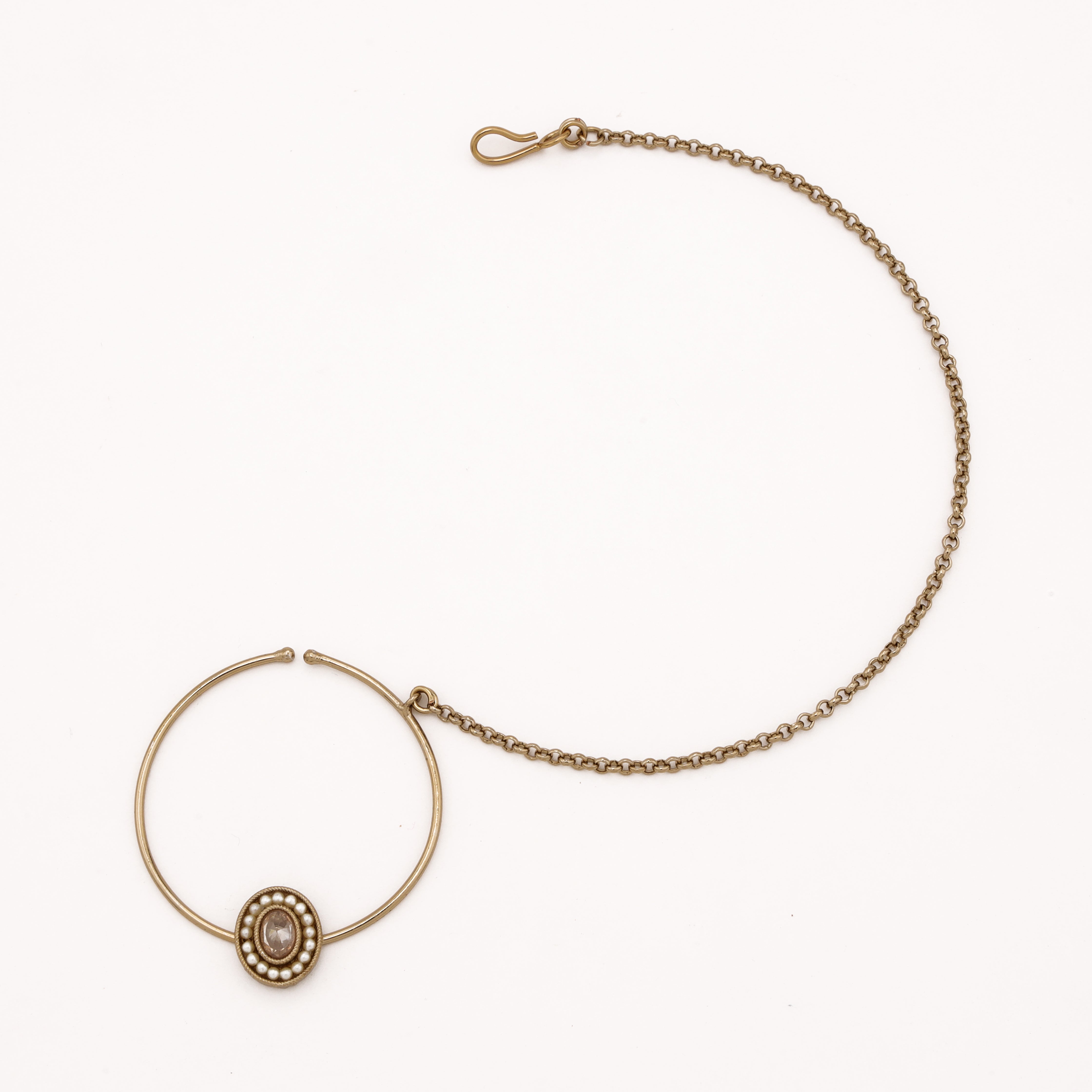 Antique gold Elowen oval stone pearl halo nath with large hoop and attached link chain from US Catalog