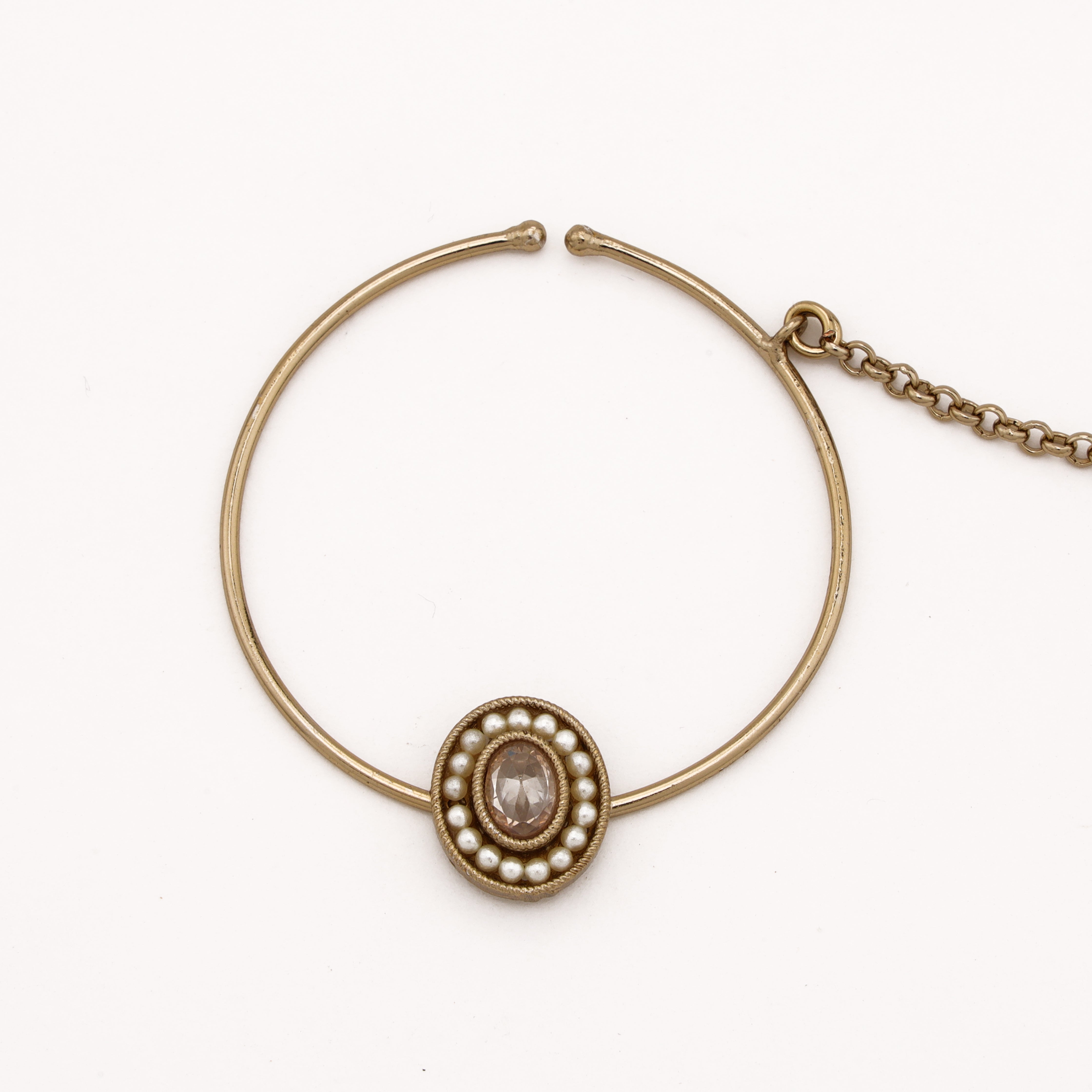 Antique gold Elowen oval stone pearl halo nath with large hoop and attached link chain from US Catalog