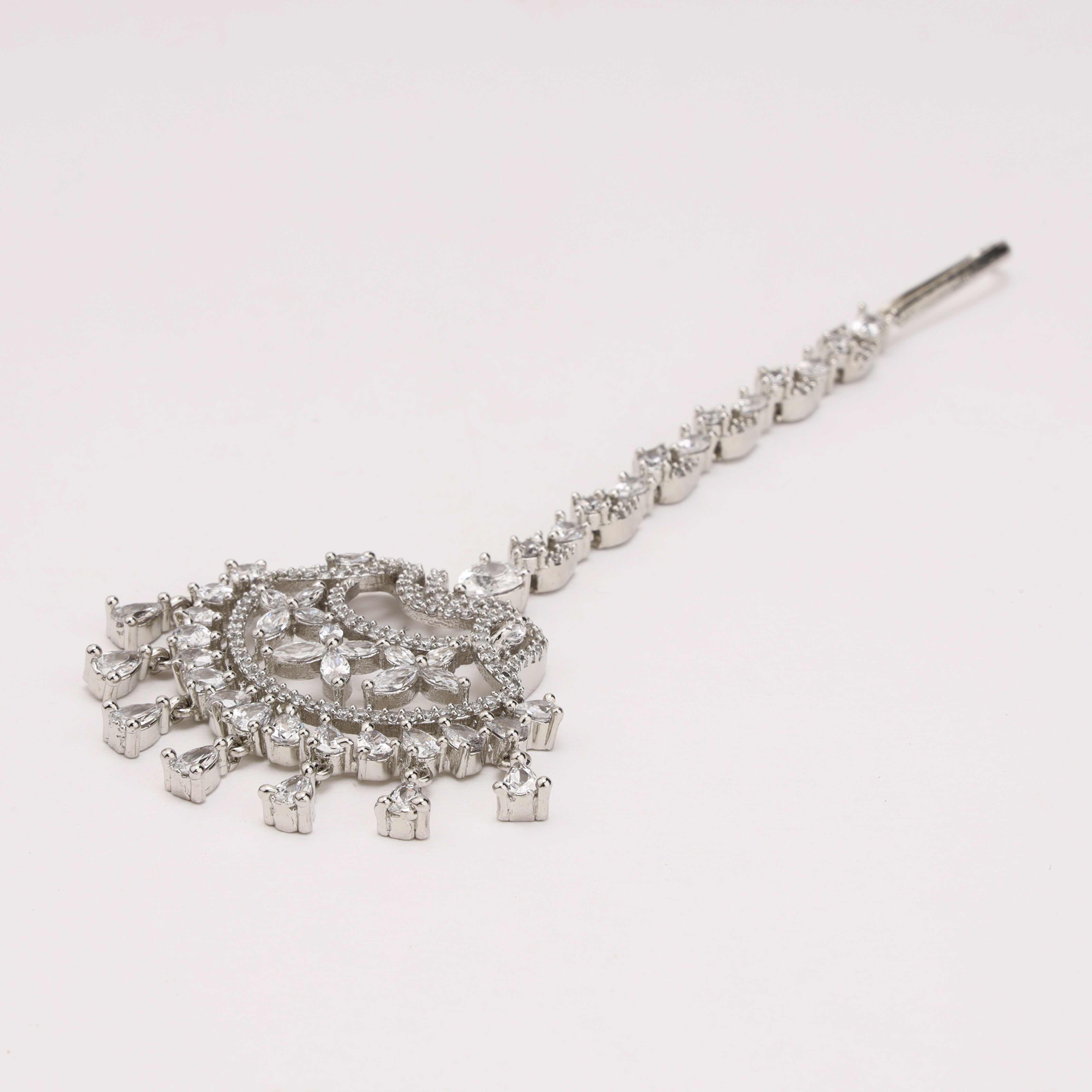 Silver Crescent Arch American Diamond Maang Tikka with Pear Drops