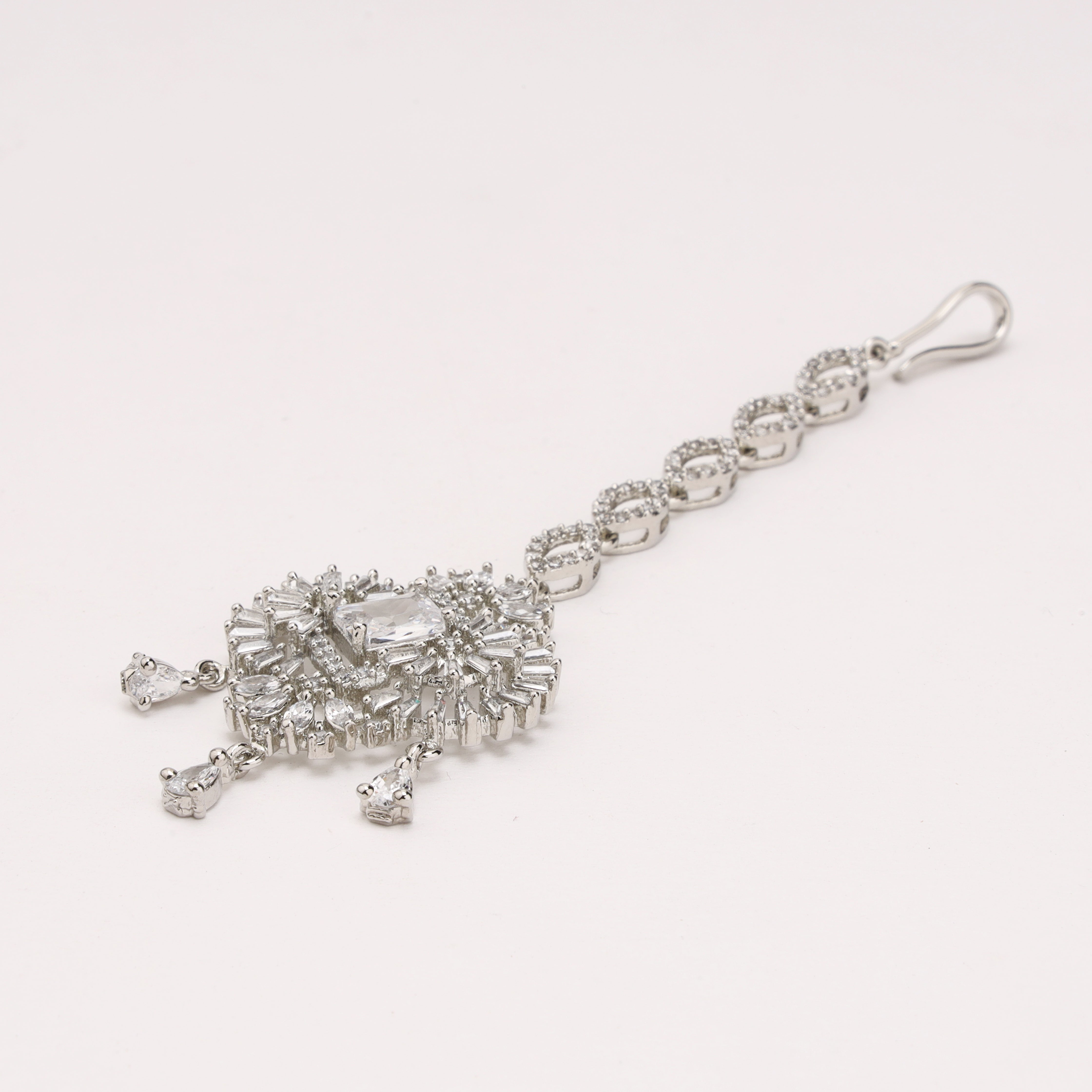 Silver Infinity Chain American Diamond Sunburst Rhombus Maang Tikka