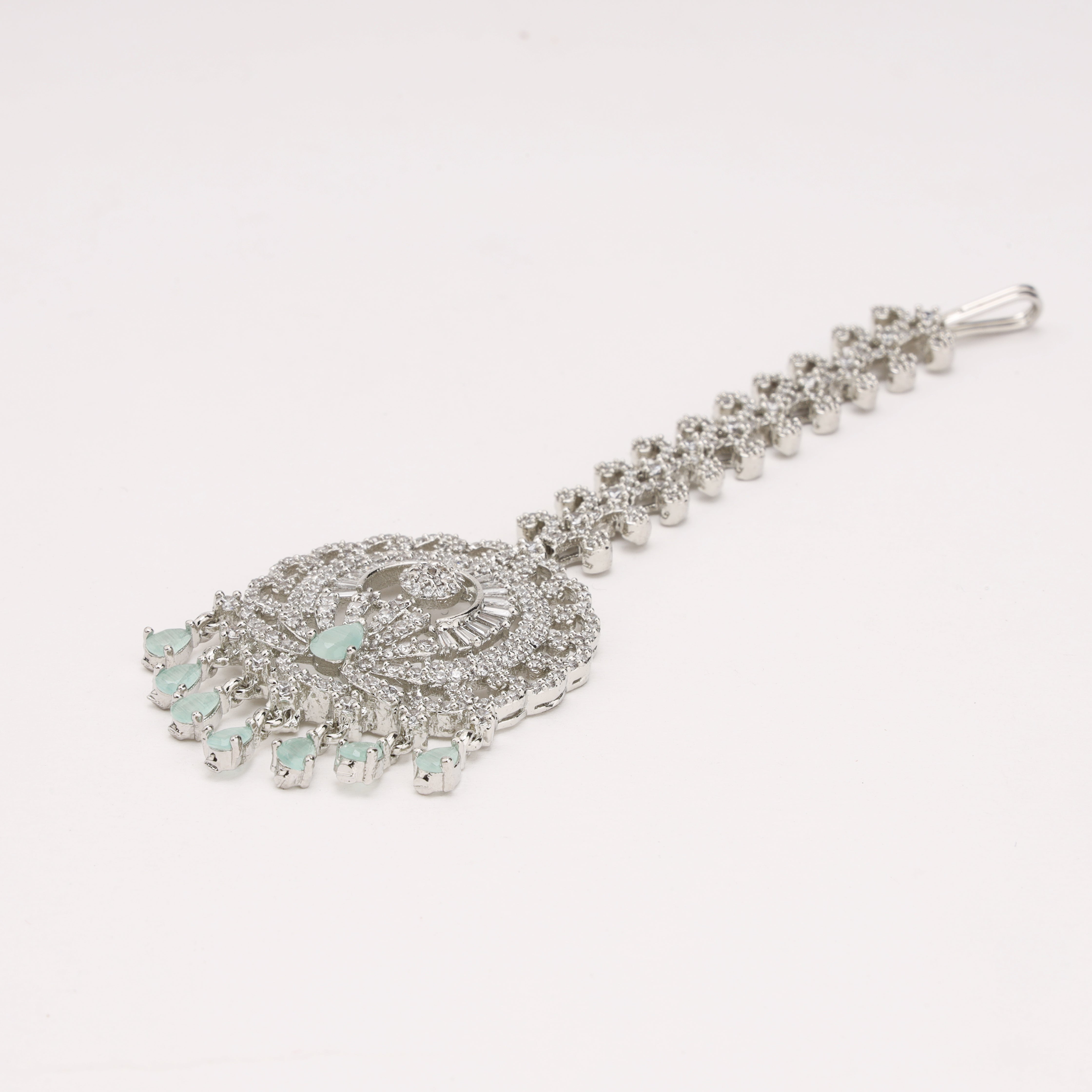 Silver Finish Mint Green Stone American Diamond Round Halo Maang Tikka