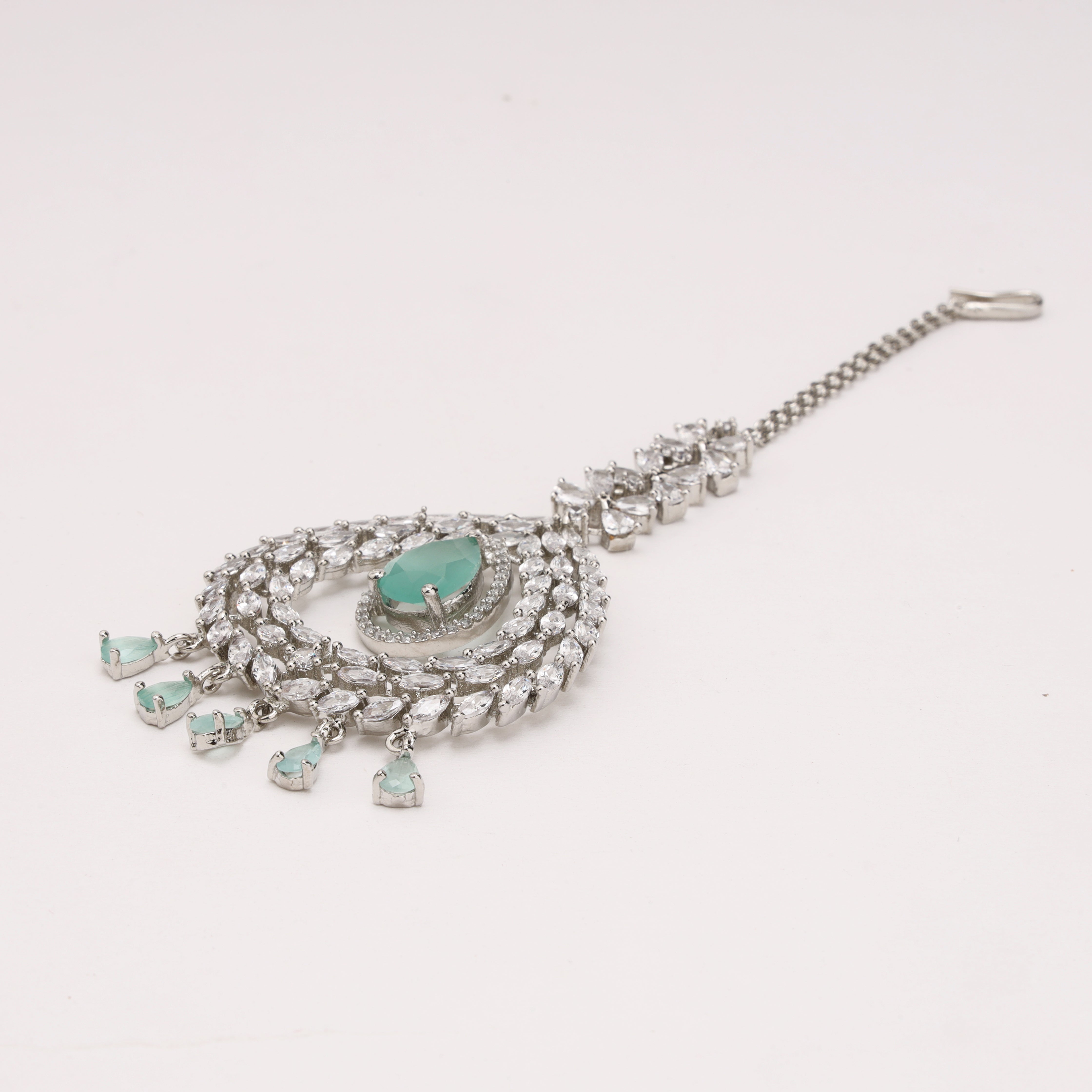 American Diamond Floral Teardrop Layered Maang Tikka with Hanging Drops