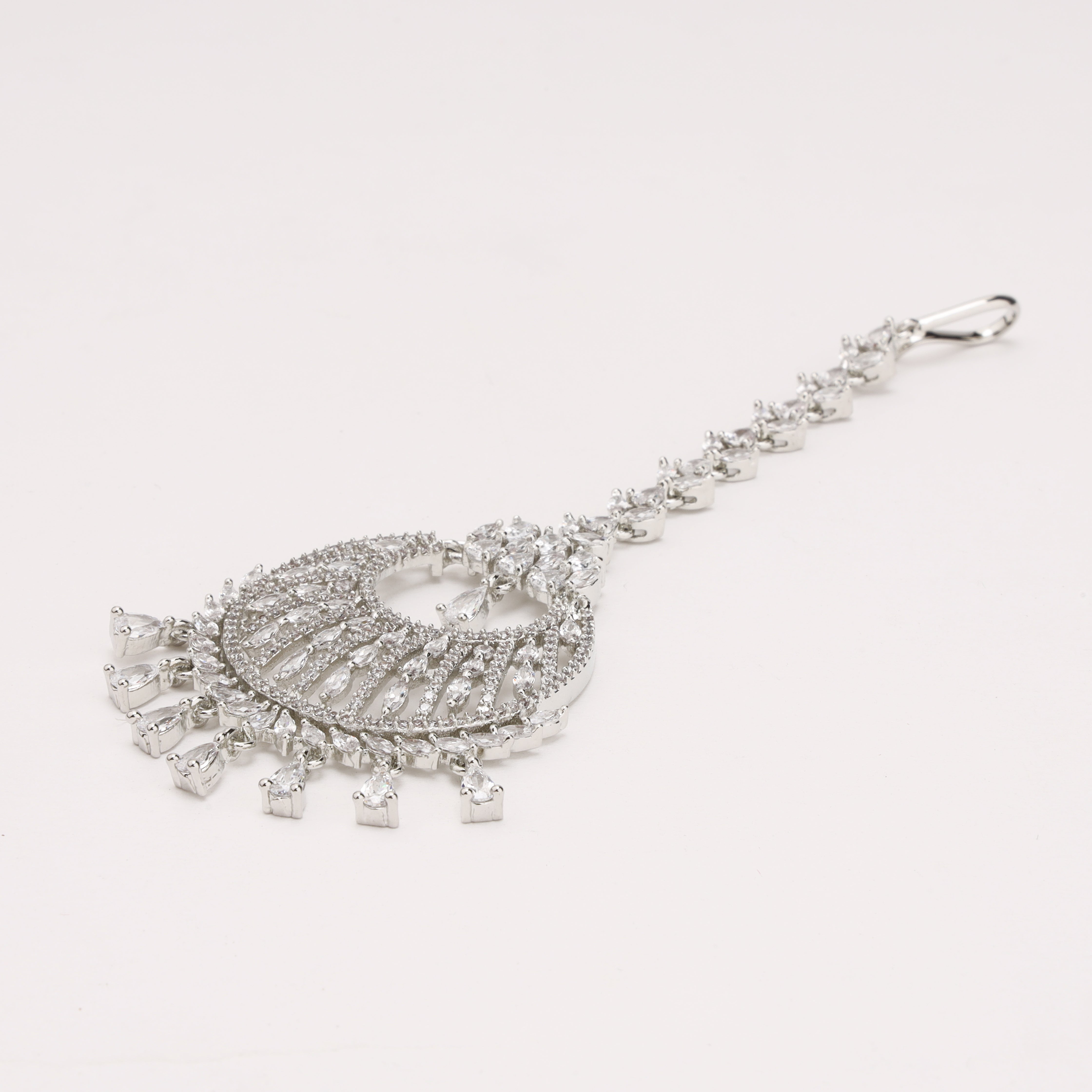 Silver Finish Sunburst Arch American Diamond Maang Tikka with Pear Drops