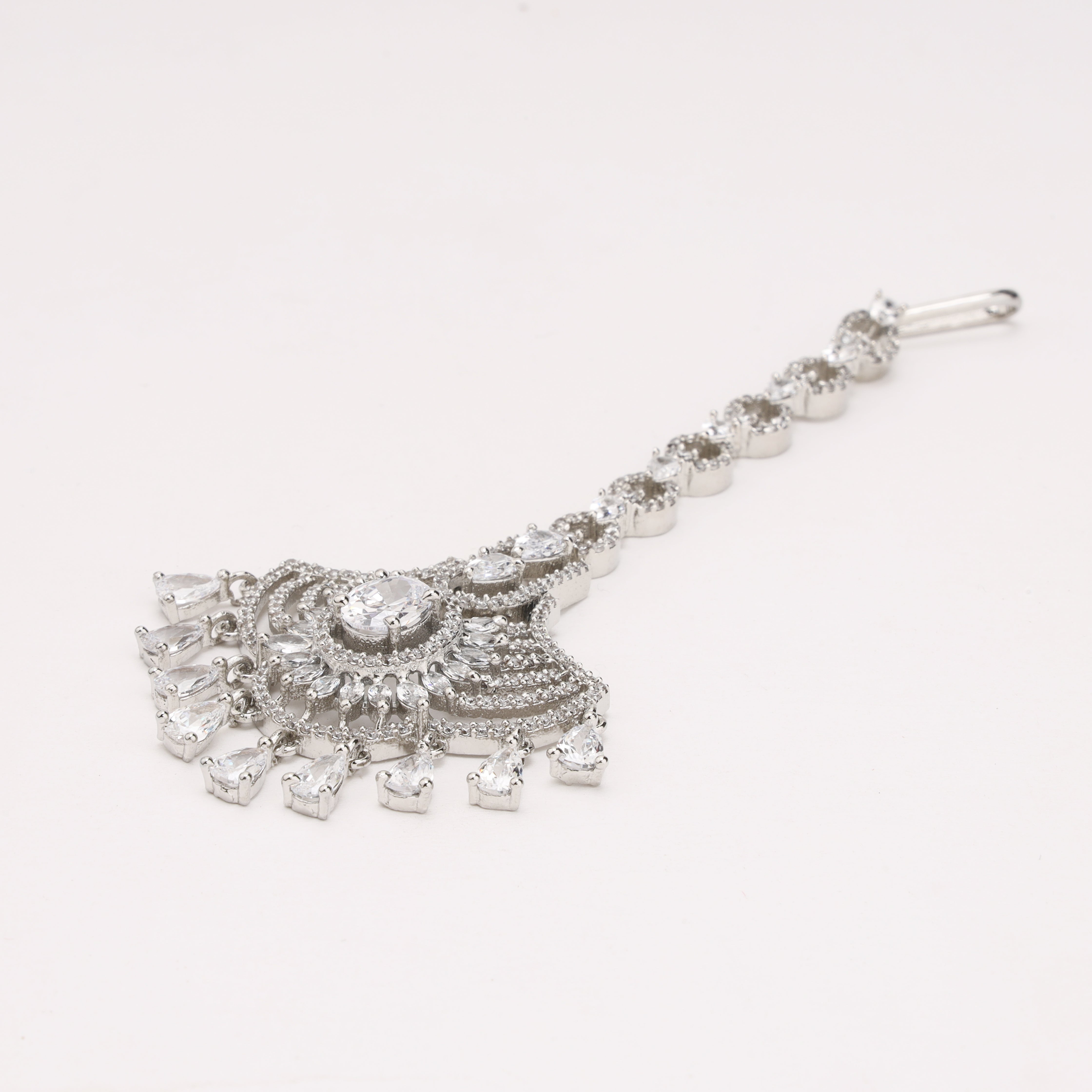 Rose Gold Mint Green Stone American Diamond Fan Maang Tikka with Hanging Drops