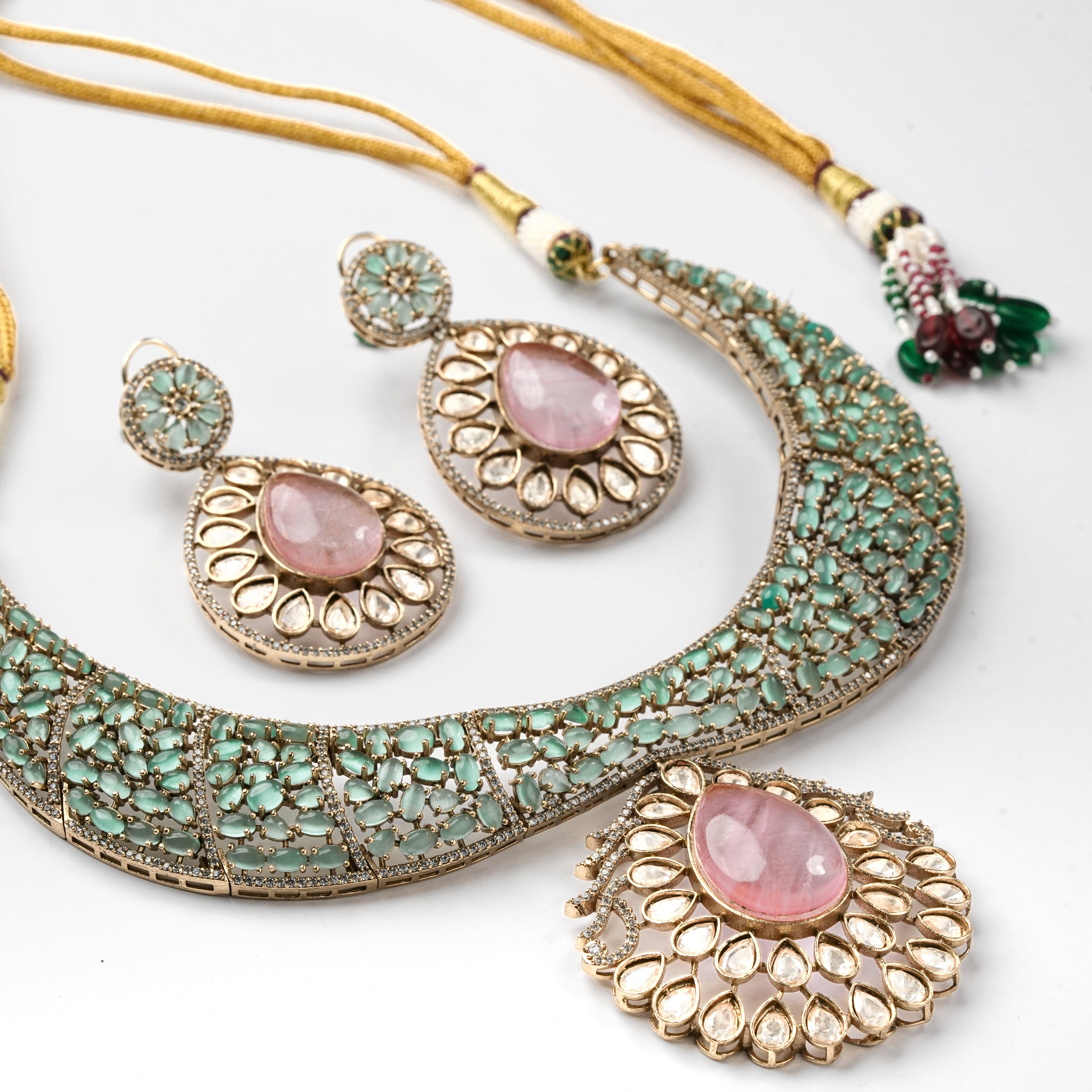 Crescent Moon Carved Stone & Teardrop Medallion Hasli Necklace Set