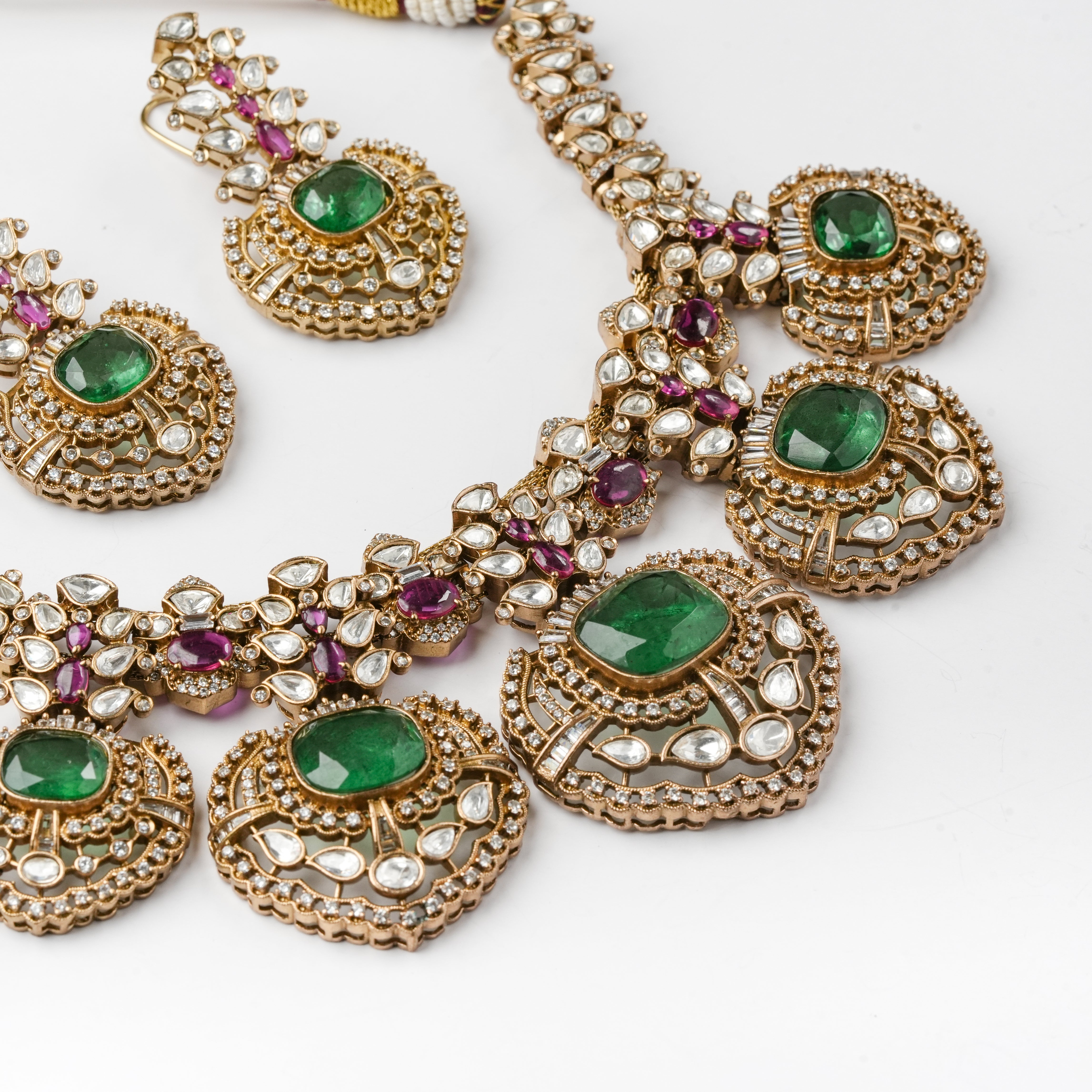 Green and Ruby Kundan Floral Medallion Traditional Necklace Set