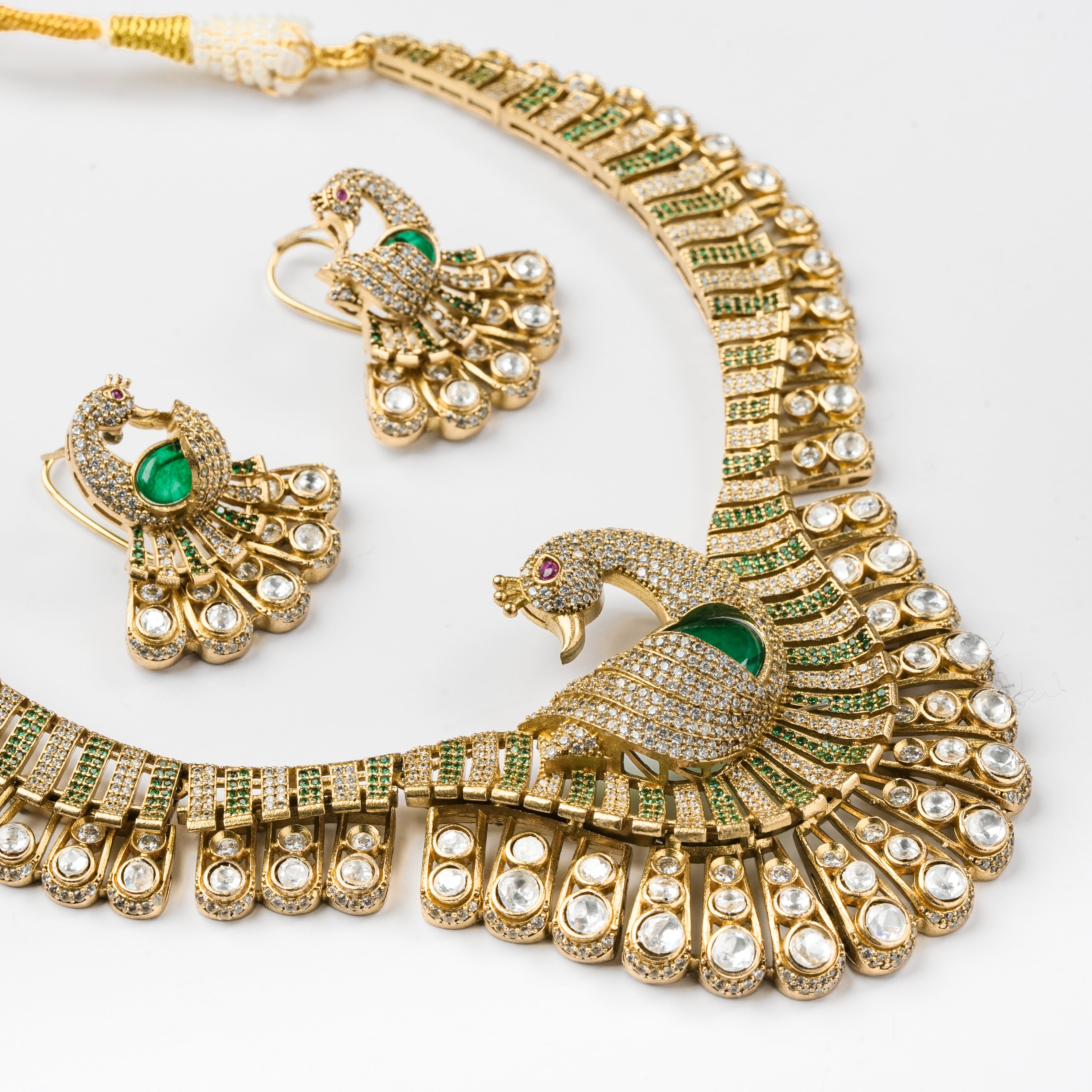 Peacock Motif Kundan & American Diamond Collar Traditional Necklace Set
