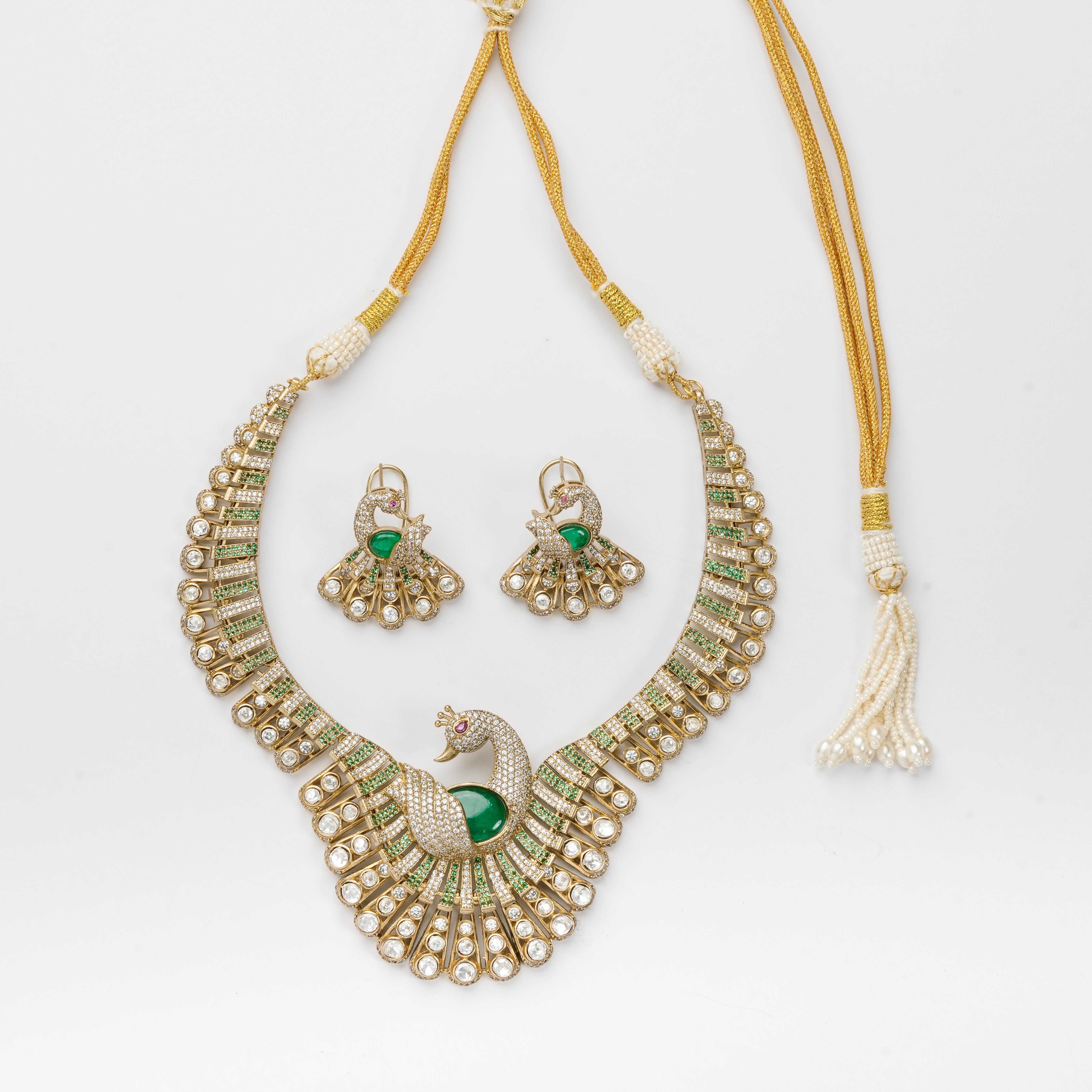 Peacock Motif Kundan & American Diamond Collar Traditional Necklace Set