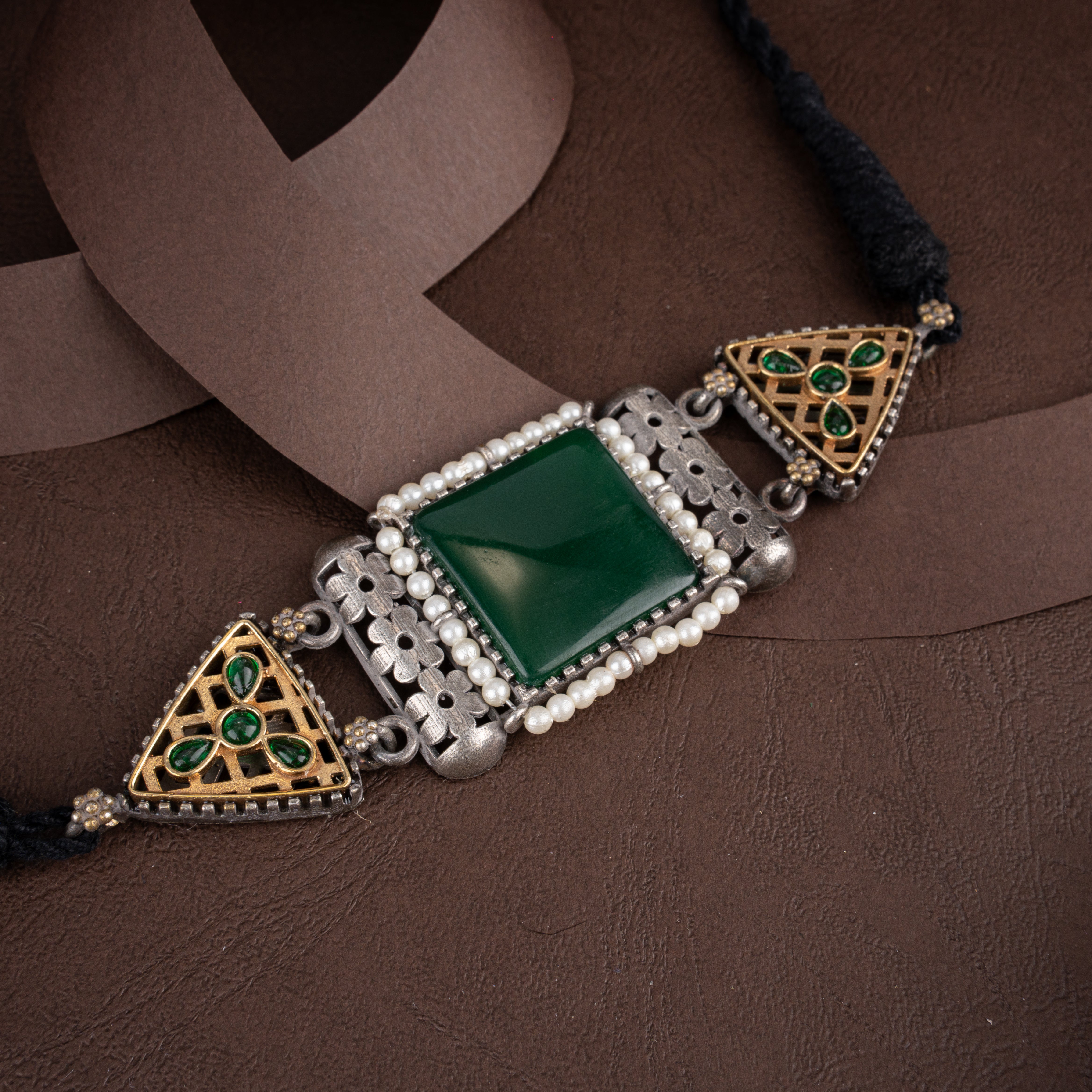 Dual-Tone Oxidised Silver Emerald Green Stone Choker Necklace Set with Pearl Drops