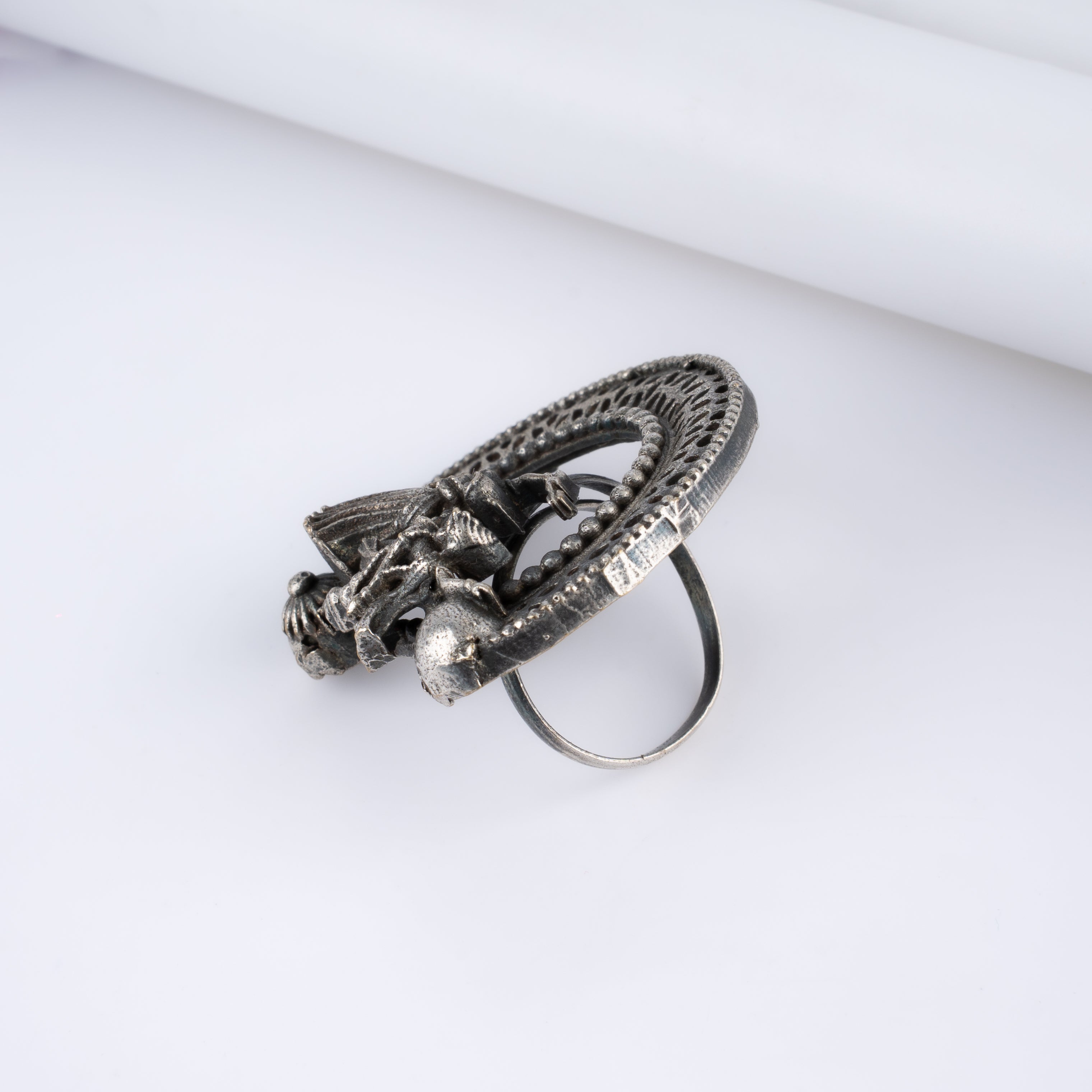 Oxidised Silver Radha Krishna Filigree Statement Ring