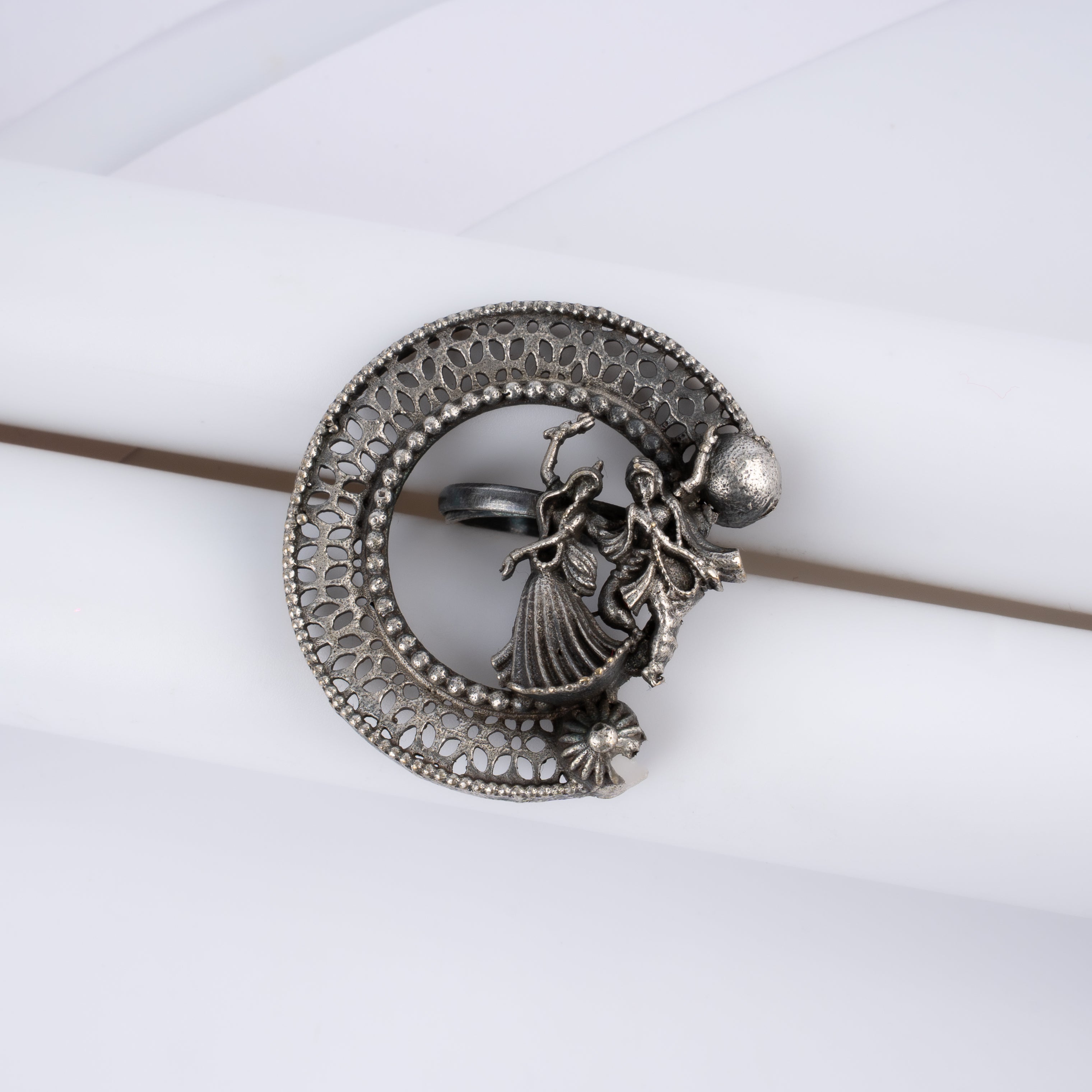 Oxidised Silver Radha Krishna Filigree Statement Ring