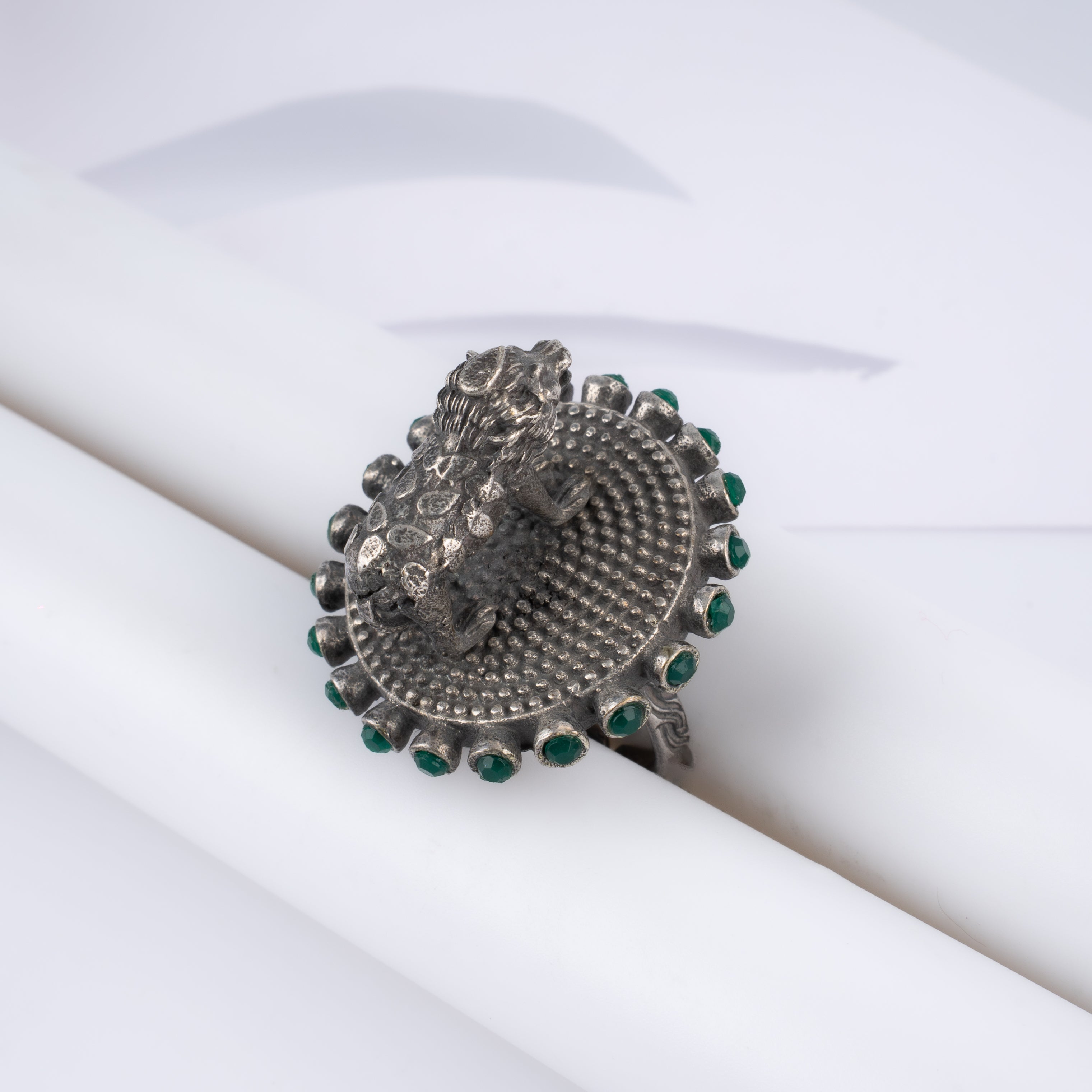 Oxidised Silver Royal Lion Emerald Bead Mandala Statement Ring
