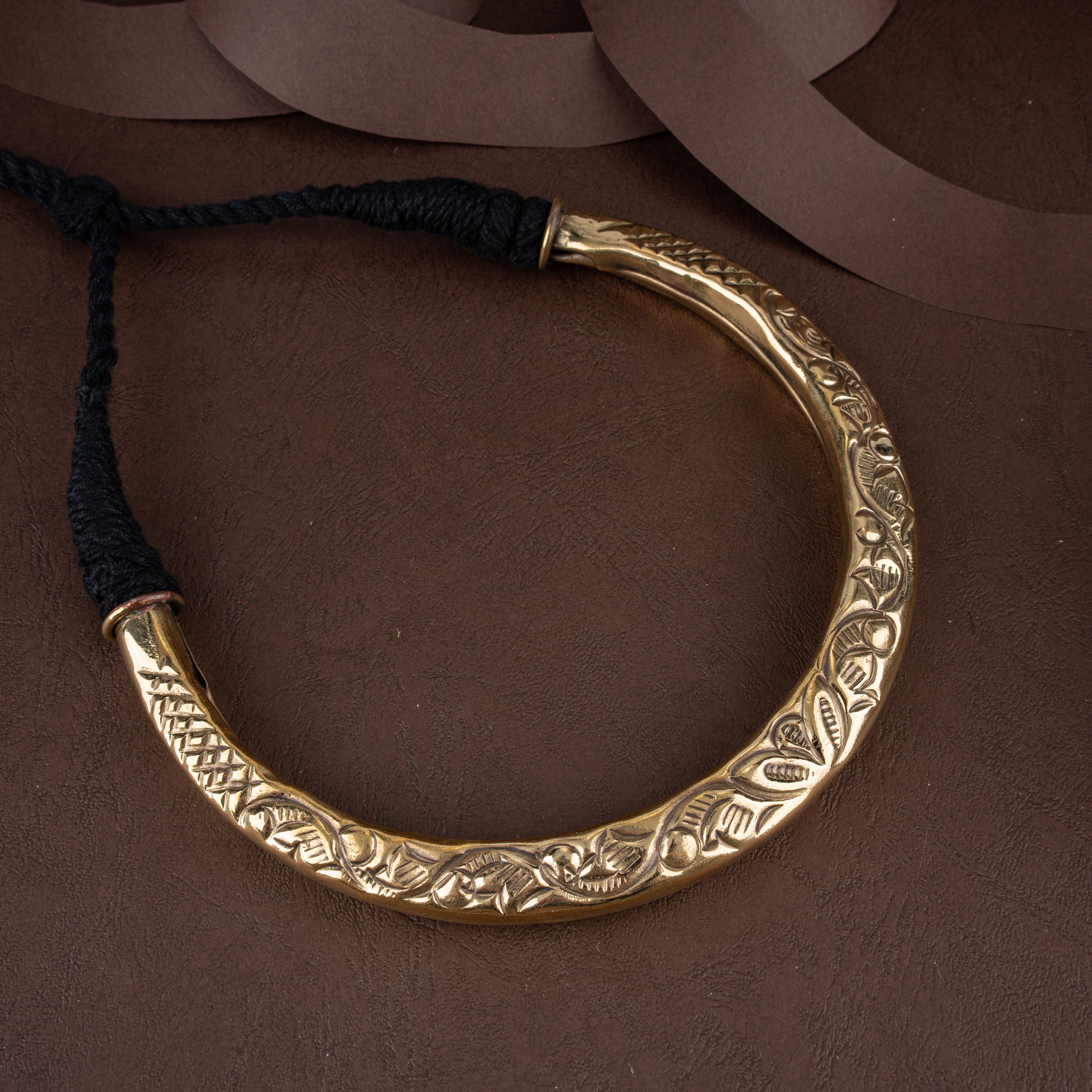 Antique Brass Carved Tribal Hasli Choker Necklace with Adjustable Dori
