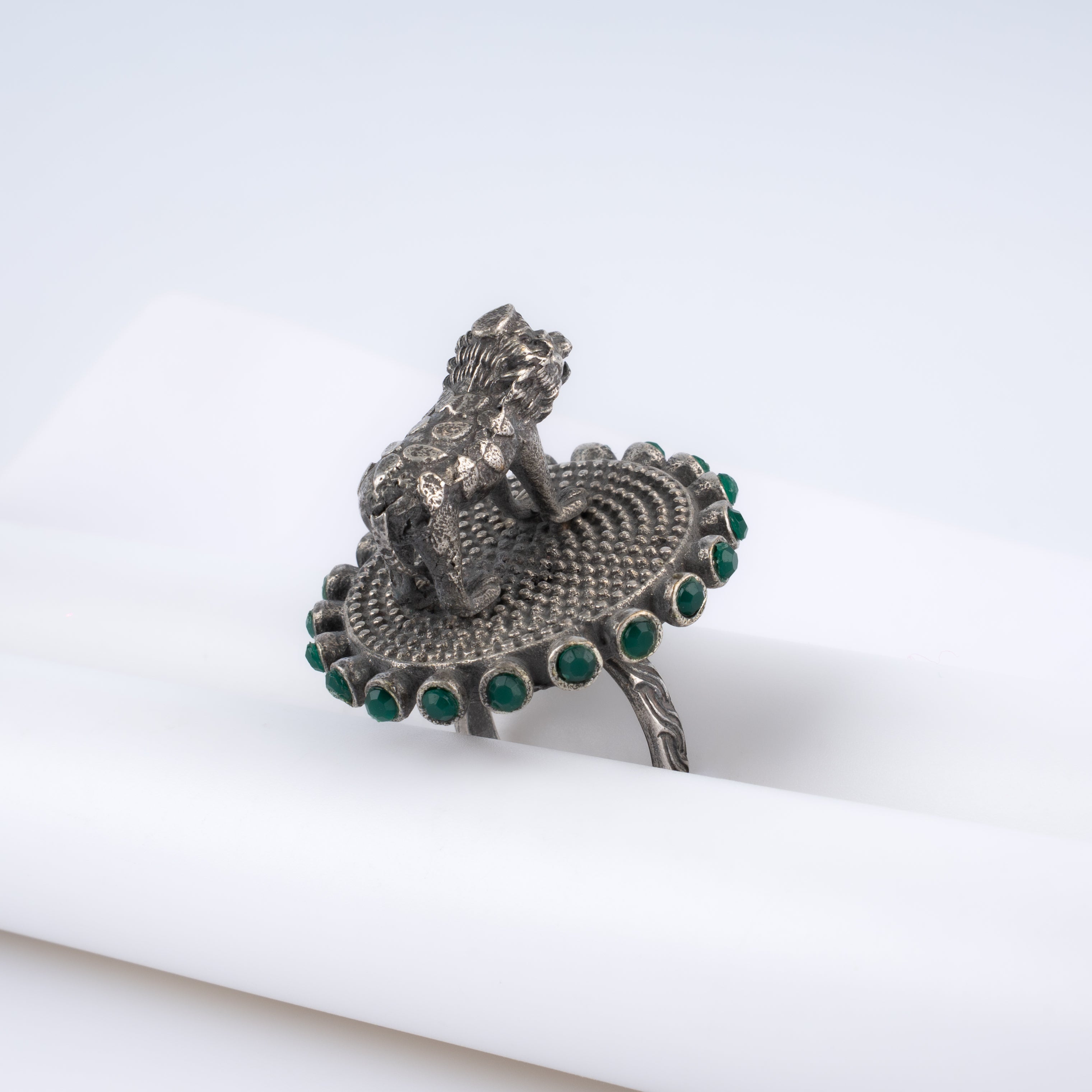 Oxidised Silver Royal Lion Emerald Bead Mandala Statement Ring