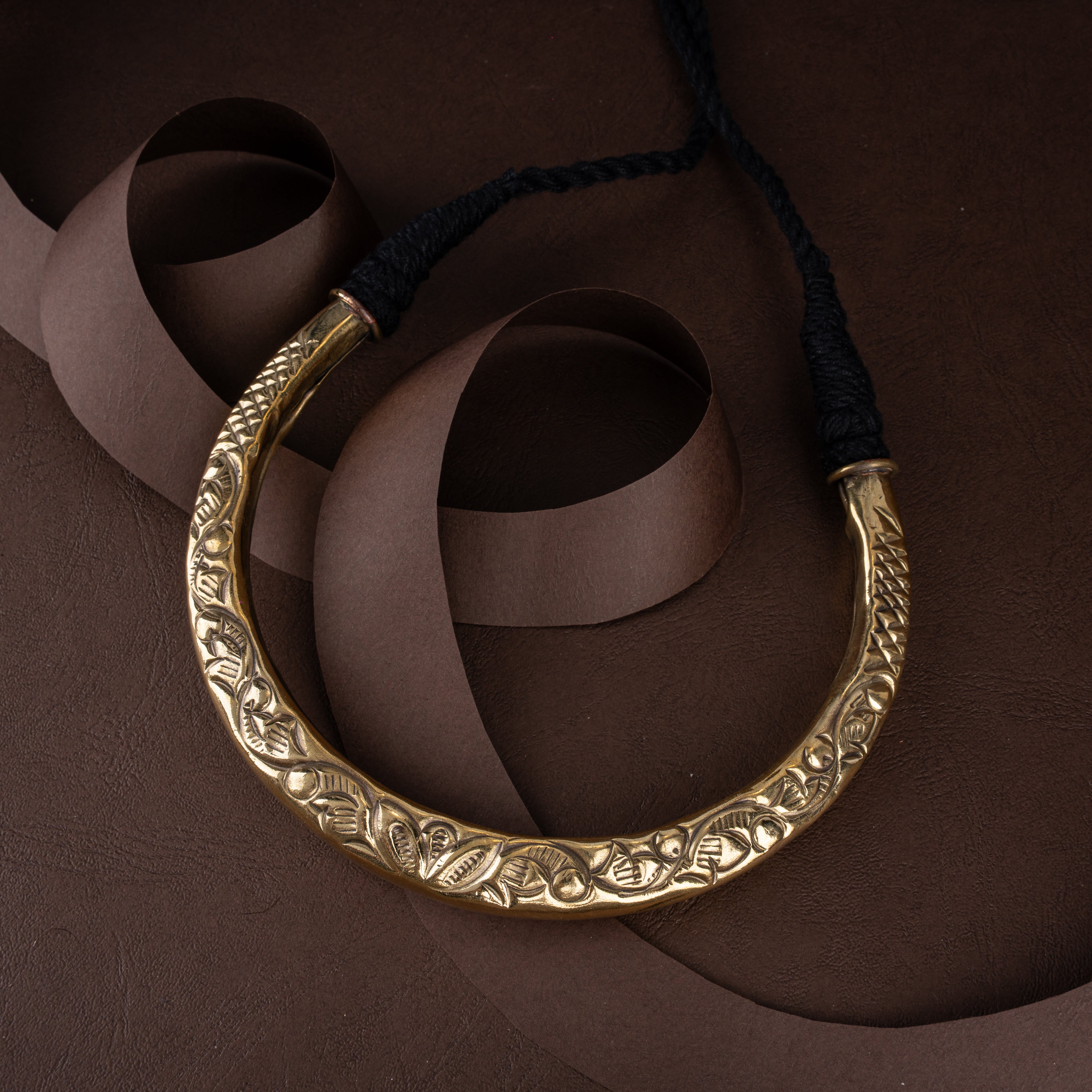 Antique Brass Carved Tribal Hasli Choker Necklace with Adjustable Dori