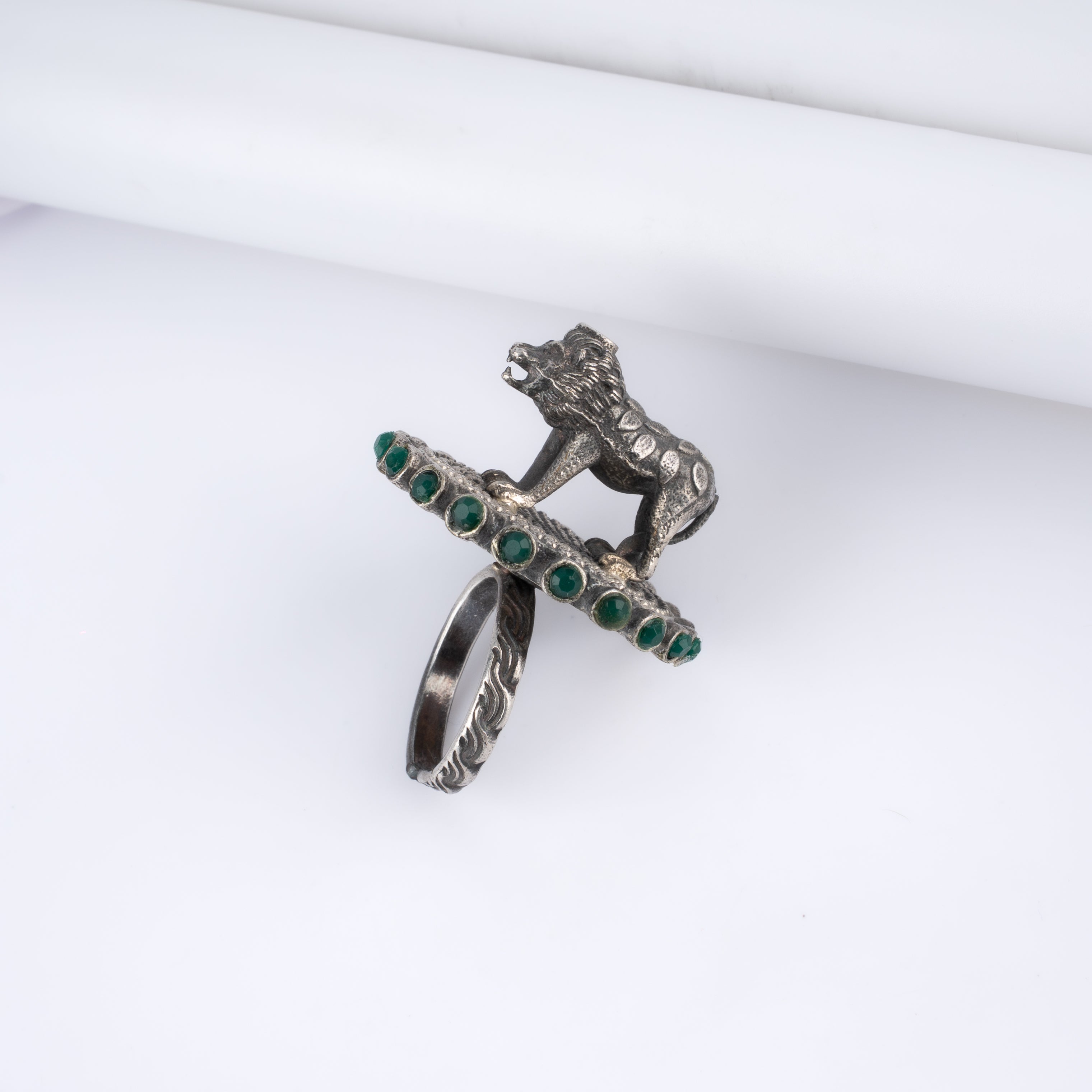 Oxidised Silver Royal Lion Emerald Bead Mandala Statement Ring
