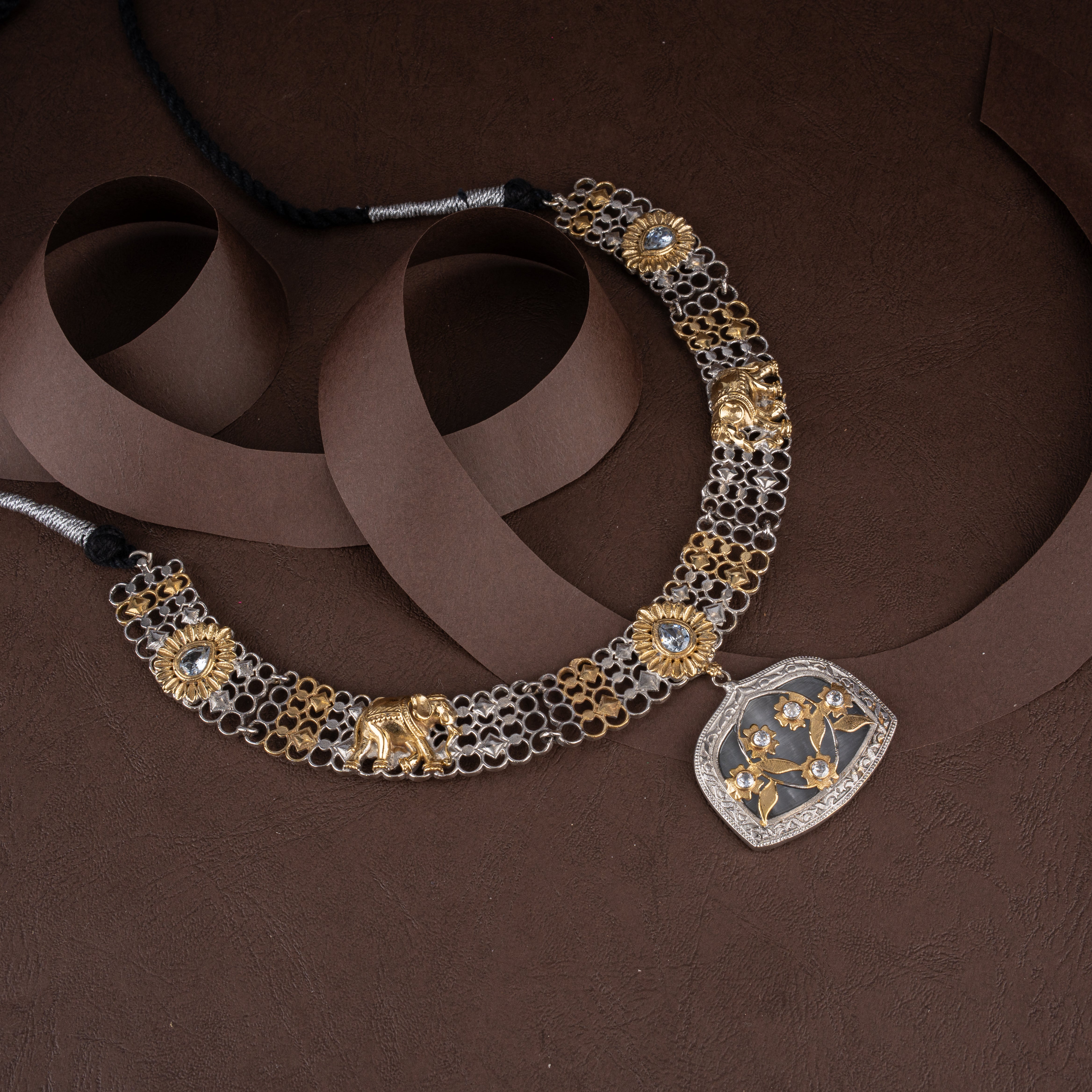 Dual-Tone Oxidised Silver Elephant & Floral Mesh Collar Necklace Set with Matching Earrings