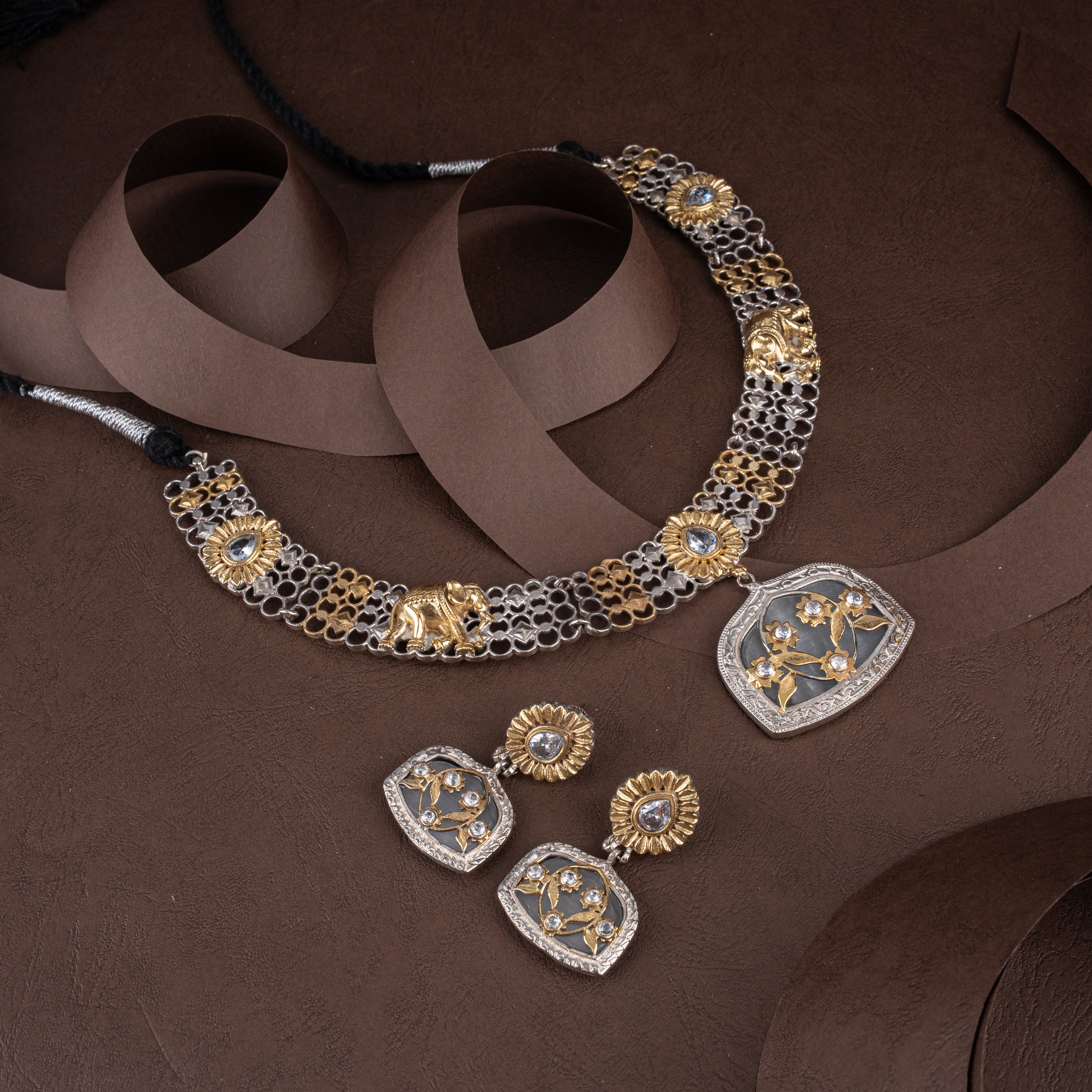 Dual-Tone Oxidised Silver Elephant & Floral Mesh Collar Necklace Set with Matching Earrings