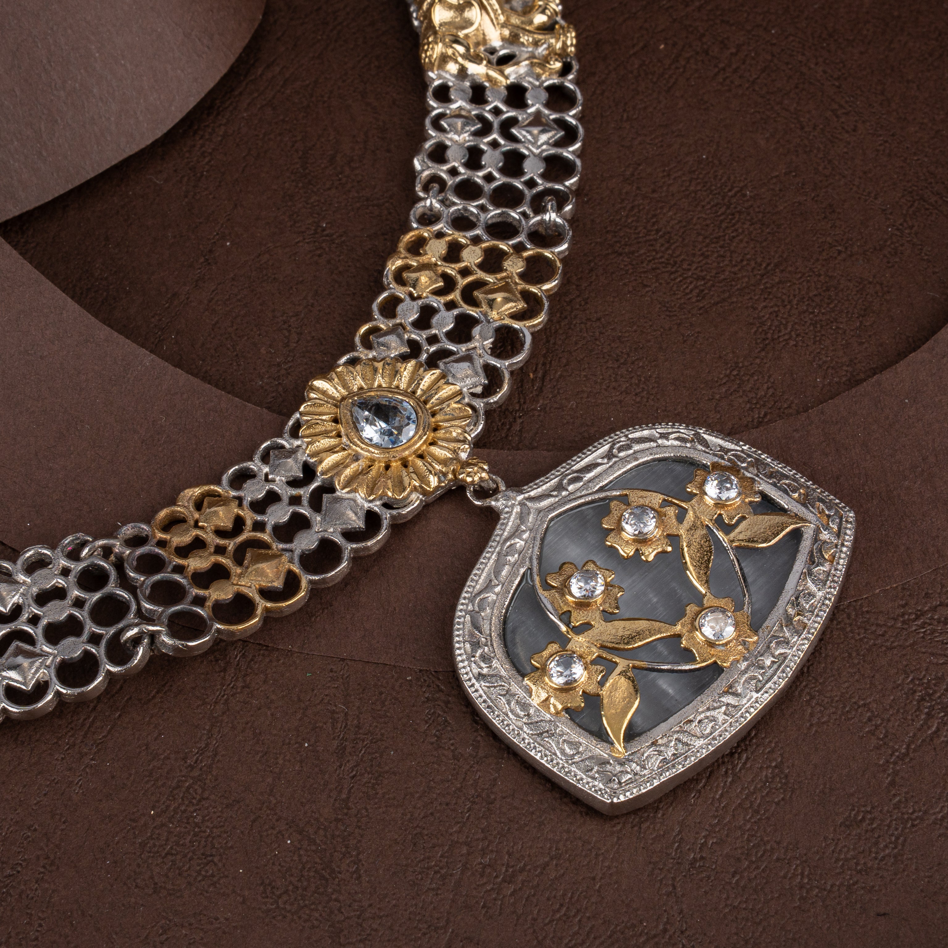 Dual-Tone Oxidised Silver Elephant & Floral Mesh Collar Necklace Set with Matching Earrings